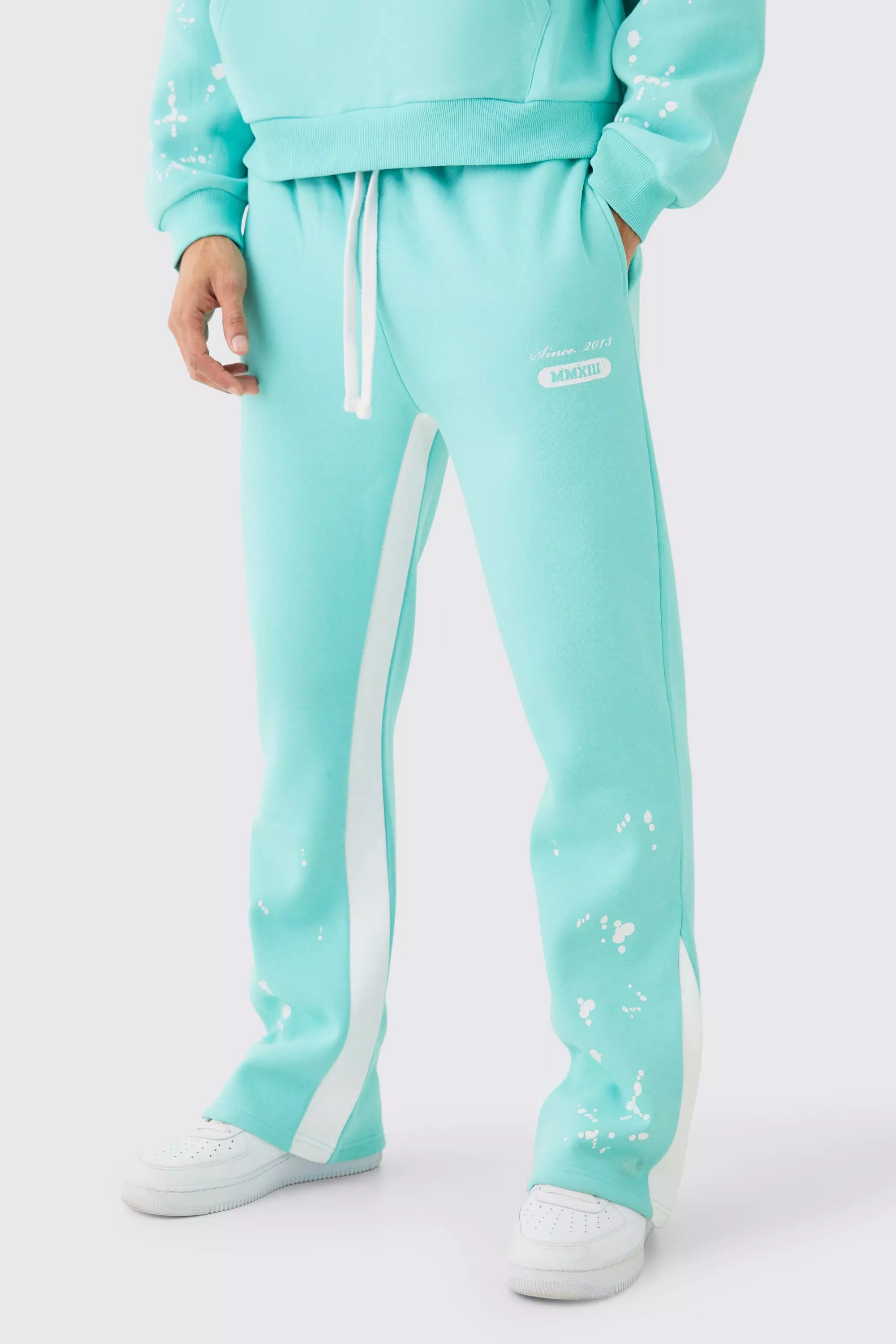 Aqua Blue Regular Fit Paint Splatter Gusset Sweatpants