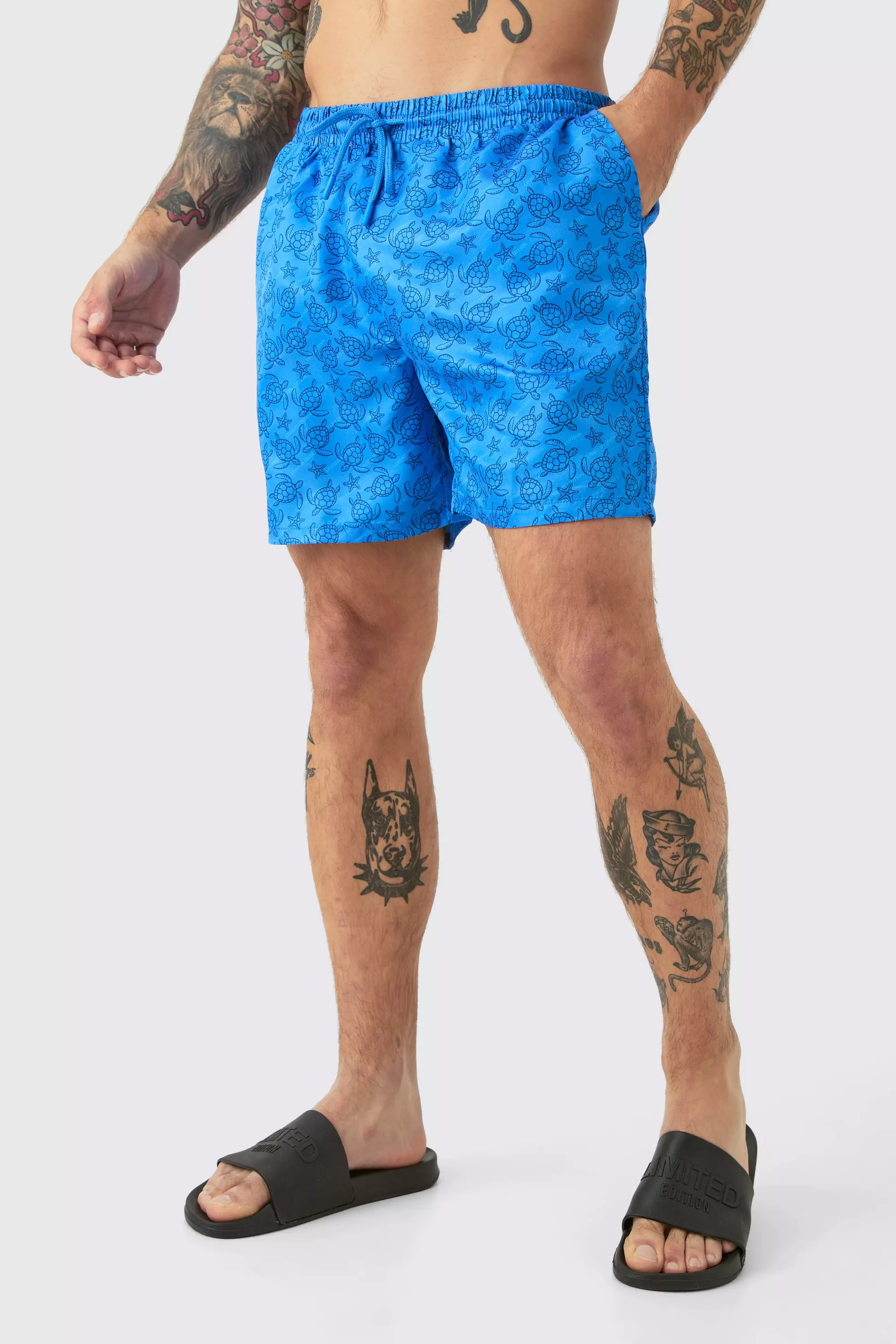 Mid Length Graphic Turtle Swim Trunks Blue