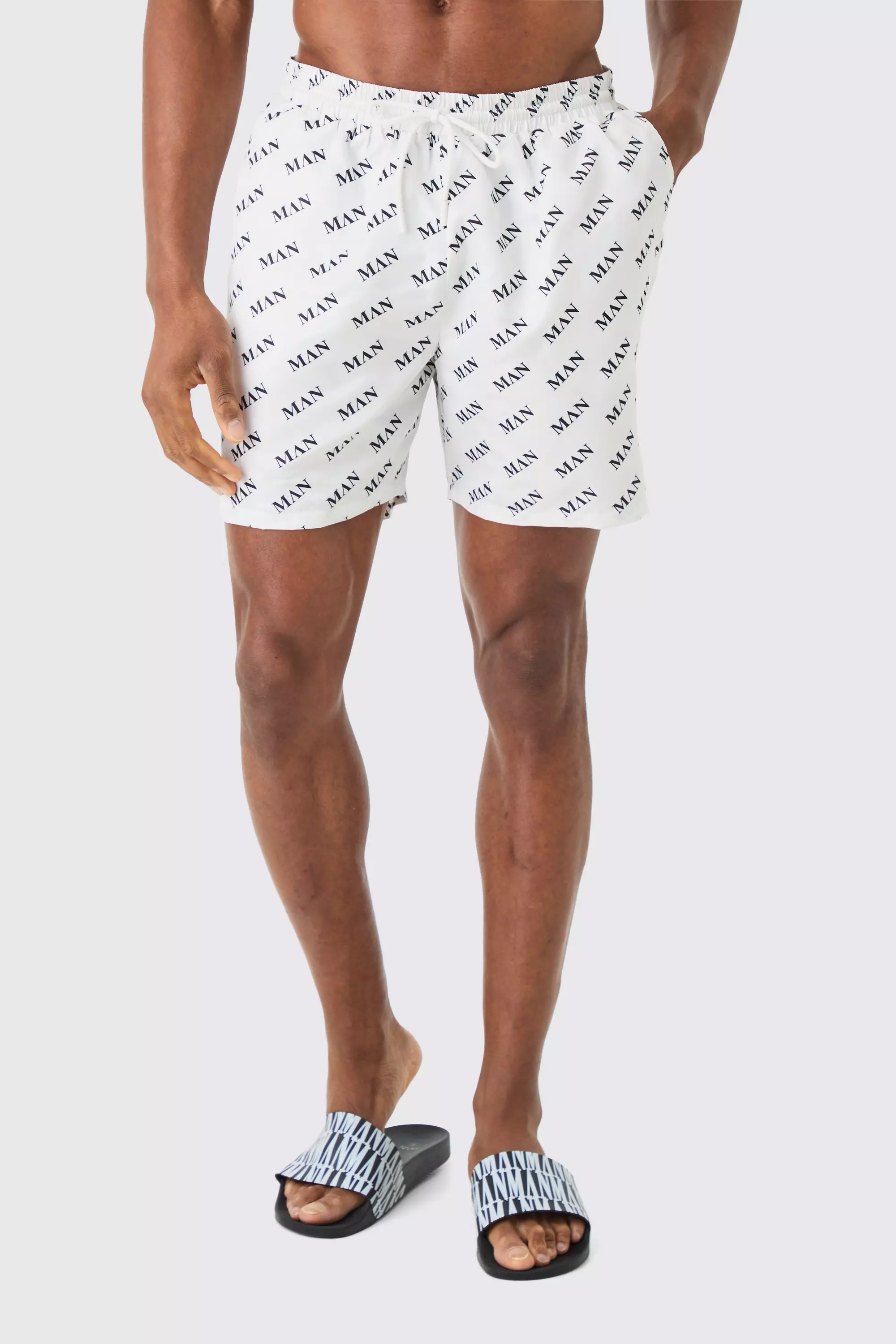 Mid Length Man Swim Trunks White