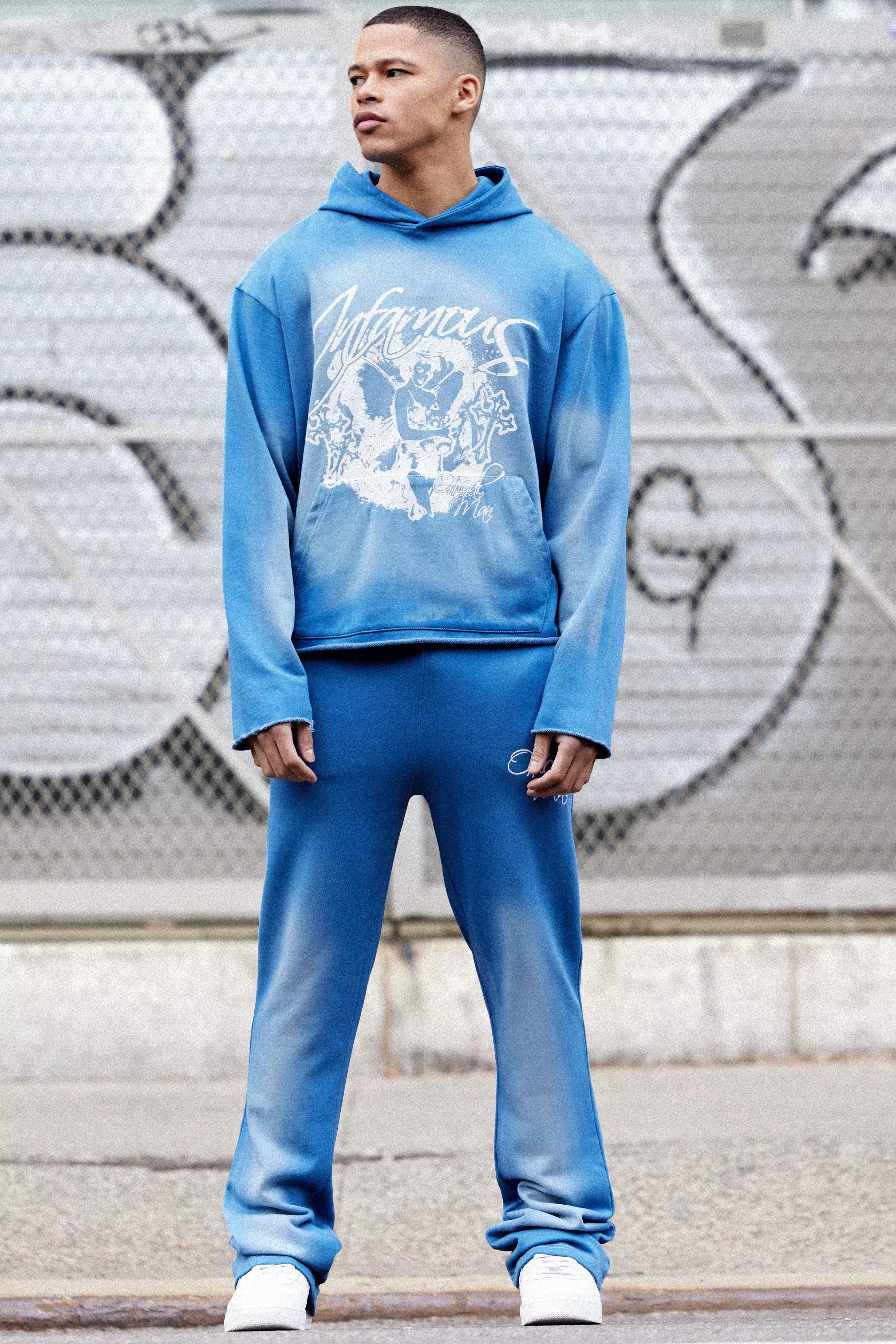 Oversized Boxy Acid Wash Graphic Raw Hem Tracksuit Blue