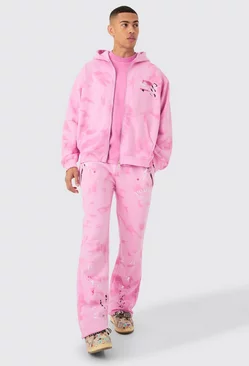 Pink Oversized Washed Homme Paint Splatter Zip Thru Tracksuit