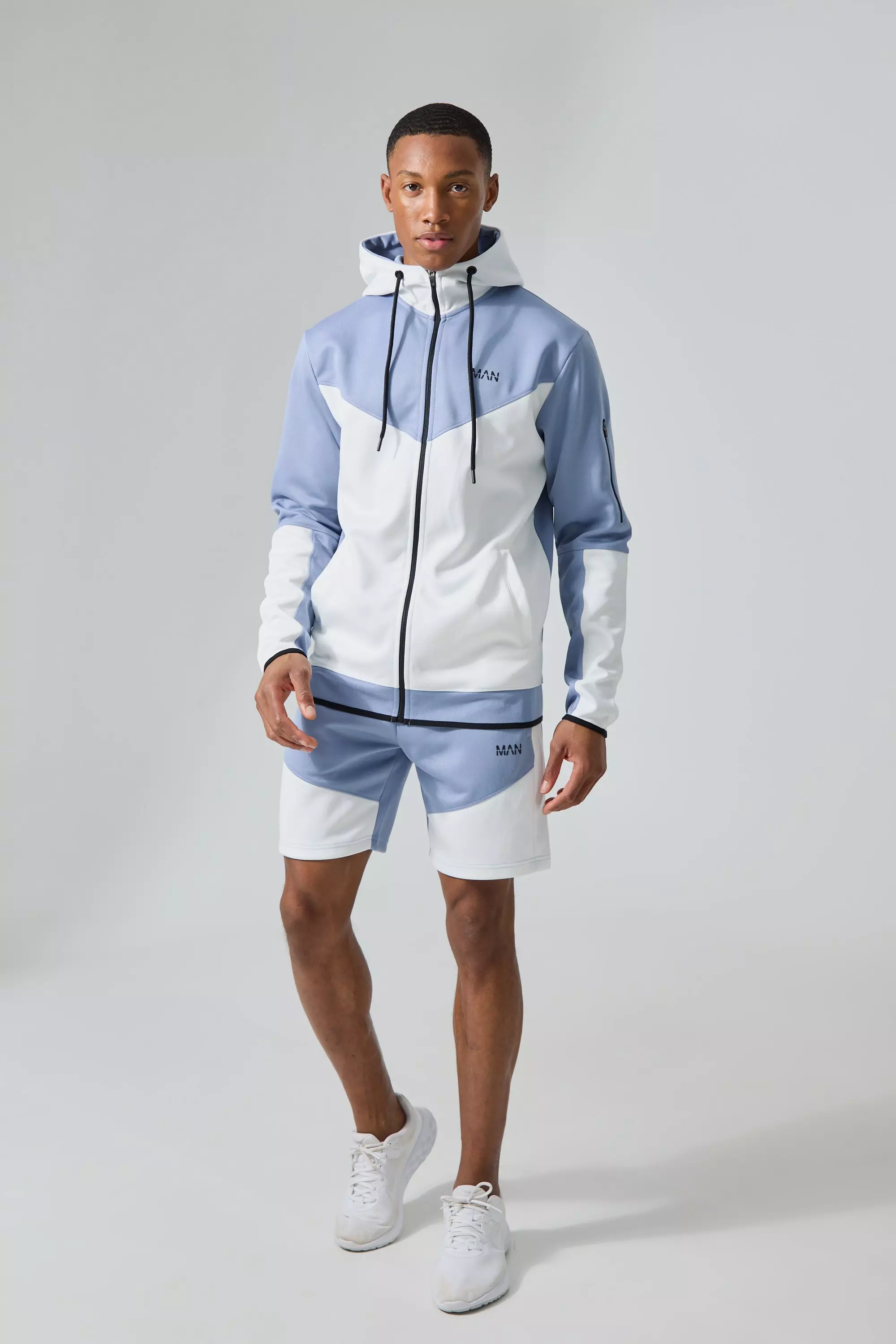 Active Colour Block Funnel Hooded Short Tracksuit Blue