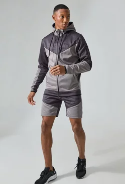 Active Colour Block Funnel Hooded Short Tracksuit Charcoal