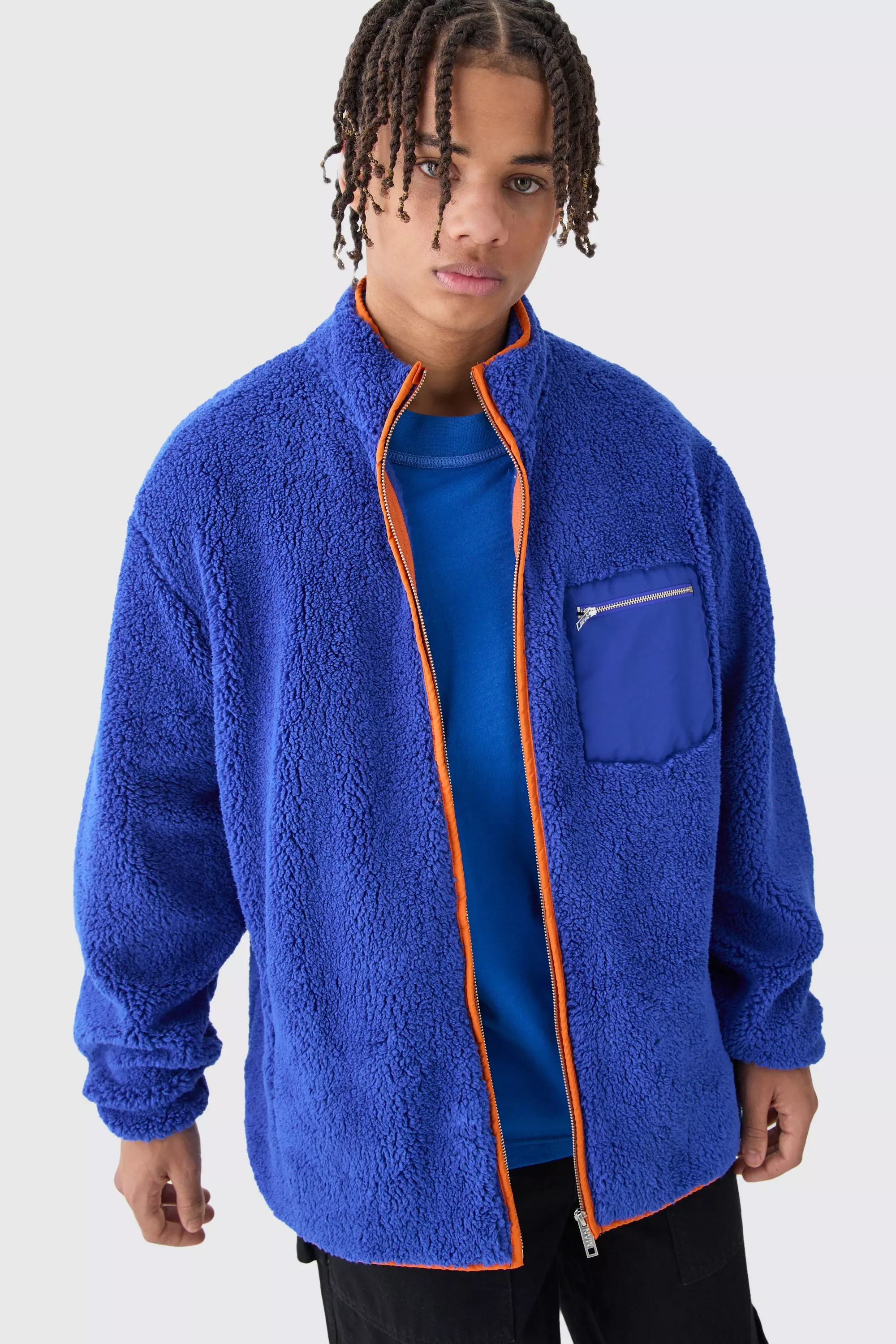 Oversized Contrast Borg Jacket Blue