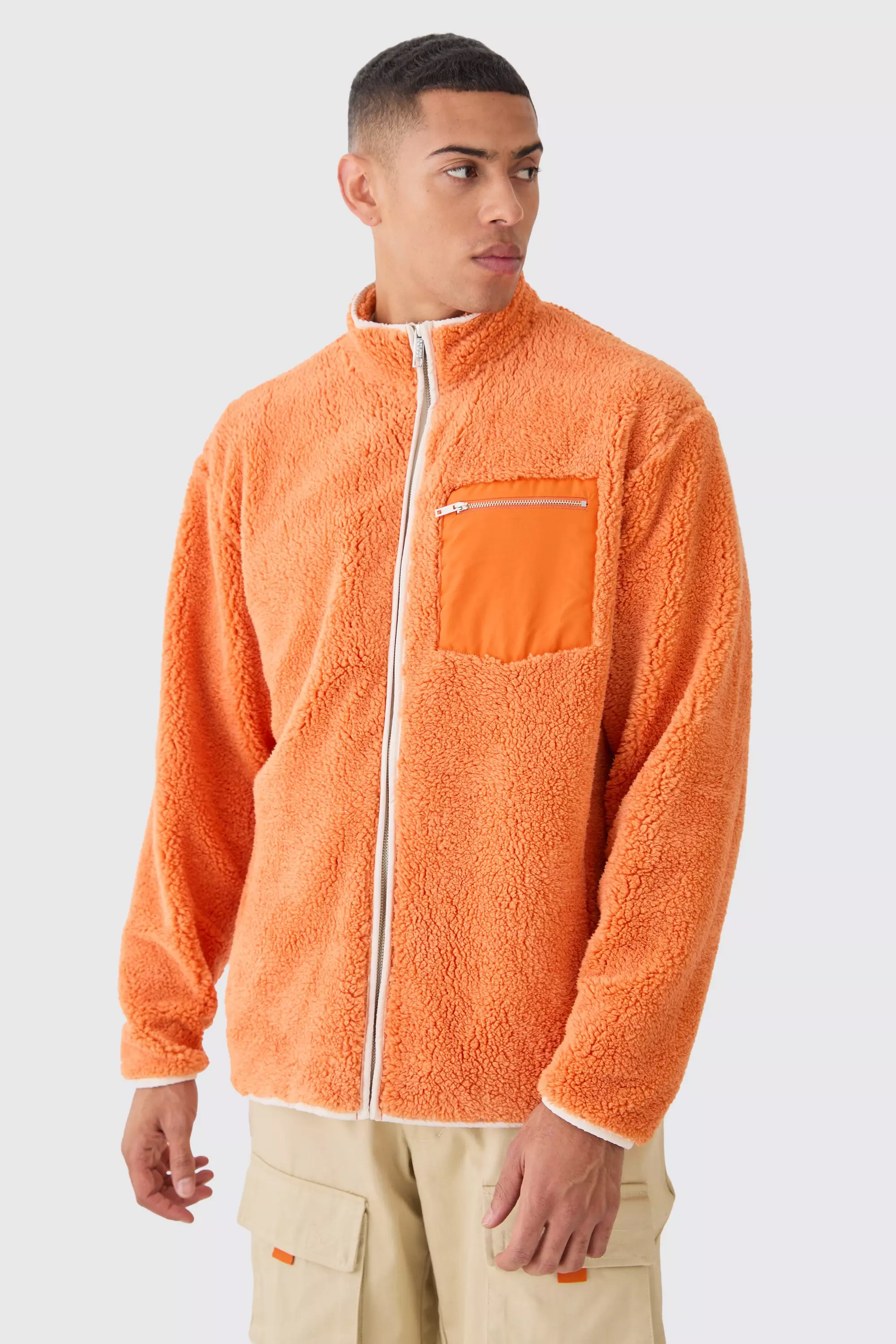 Oversized Contrast Borg Jacket Orange