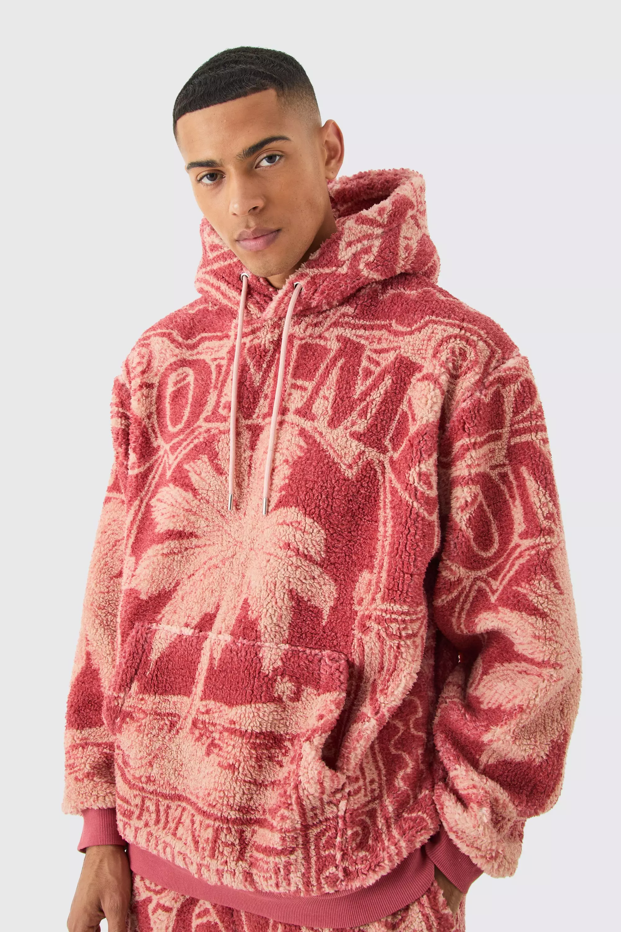 Oversized Borg Printed Hoodie Red