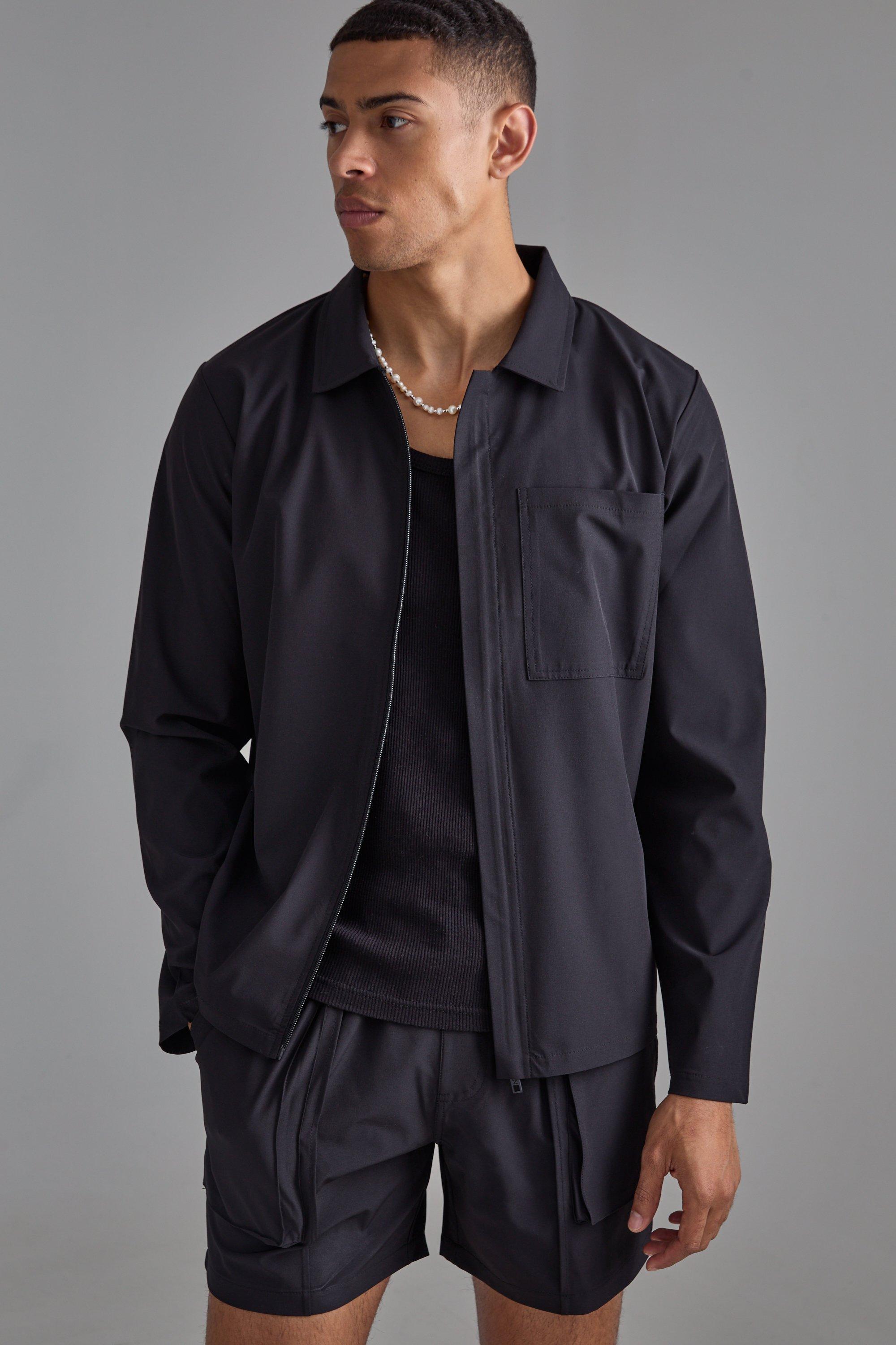 Black Nette Stretch Tech Harrington Jas Met Verborgen Plakaat