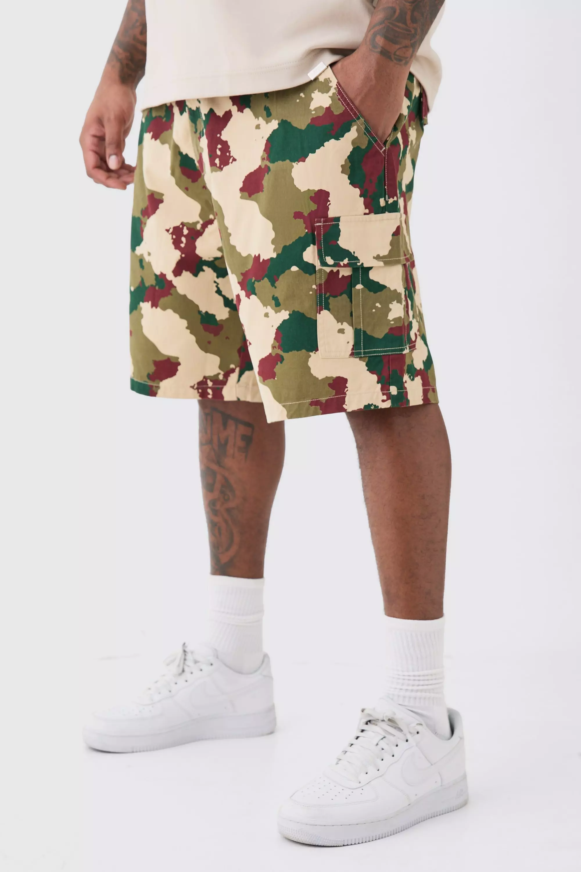 Plus Fixed Waist Camo Twill Cargo Short Multi