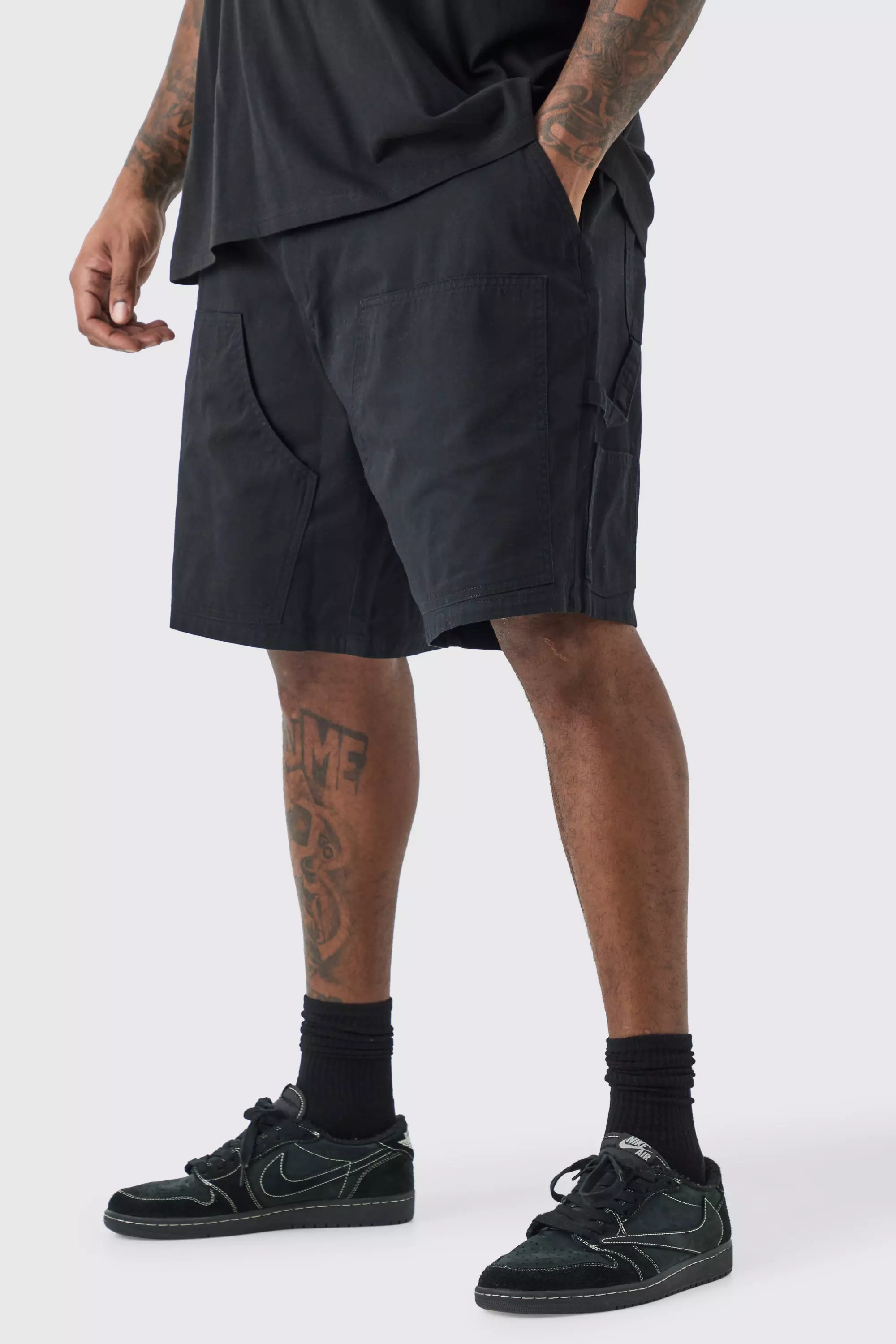 Plus Fixed Waist Washed Twill Carpenter Short Black