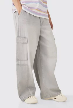 Grey Elasticated Waist Extreme Wide Fit Cargo Jeans In Grey