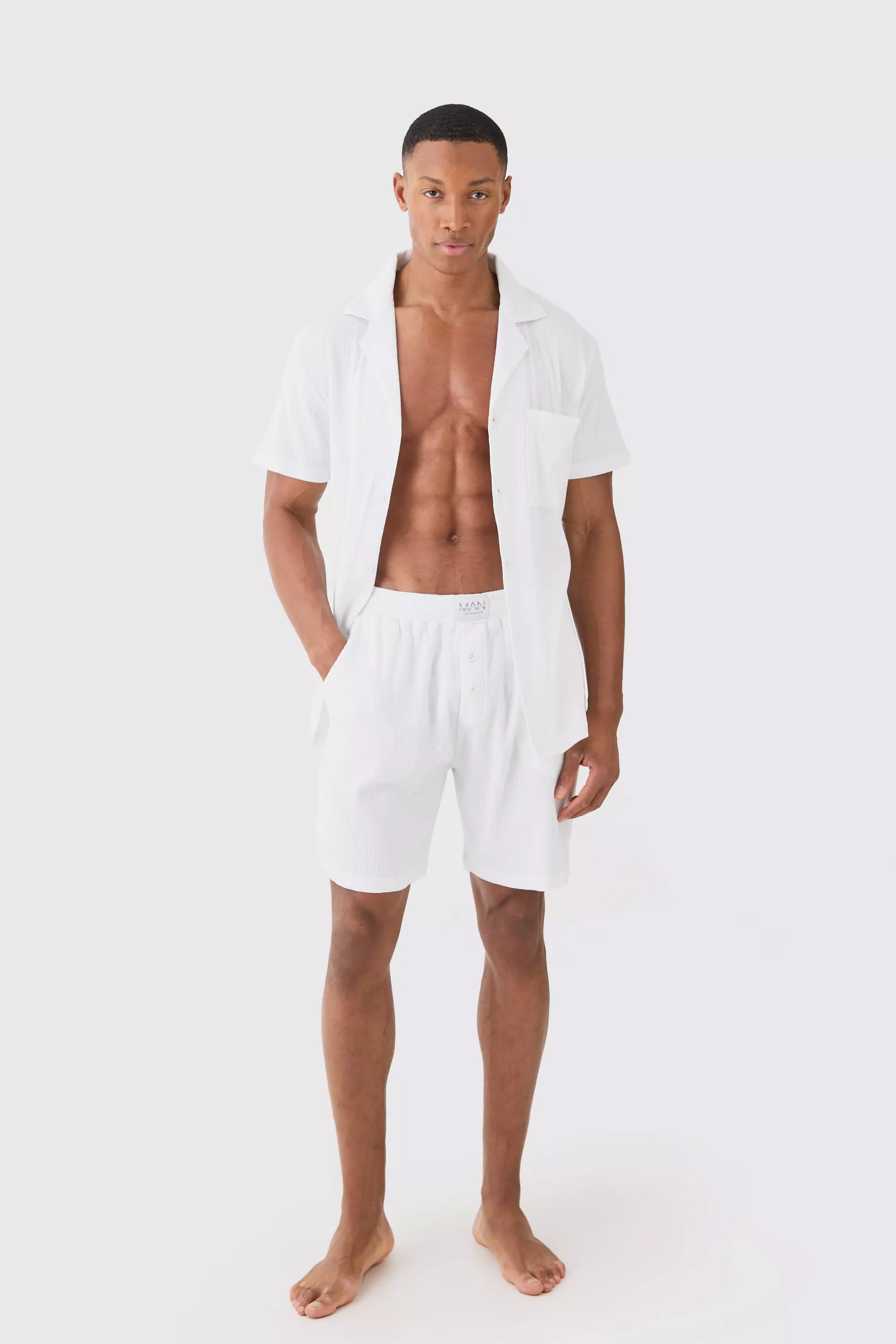 White Waffle Lounge Shirt & Short Set In White