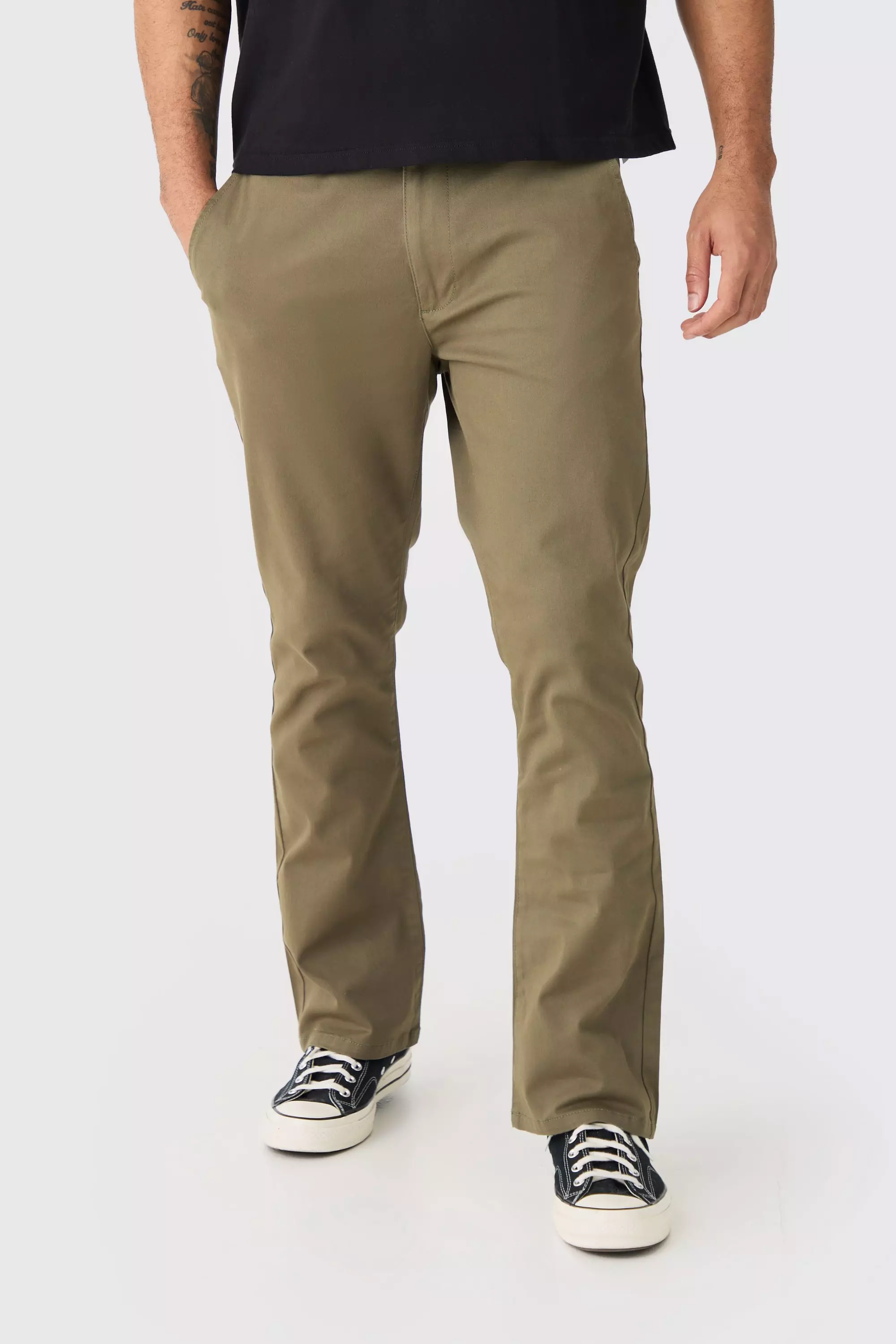 Khaki Fixed Waist Slim Flare Chino Pants