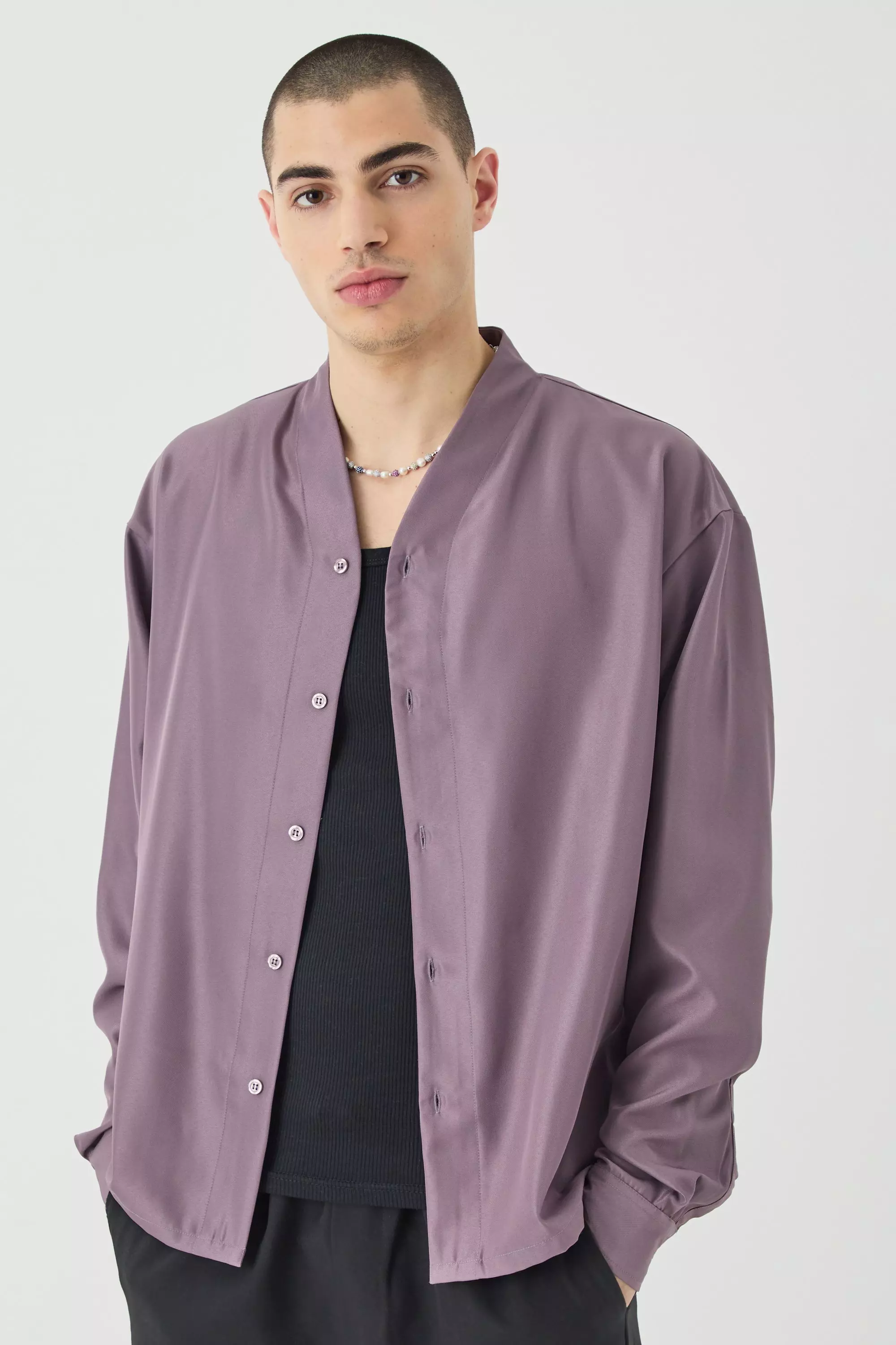 Lilac Zacht Kraagloos Boxy Keperstof Overhemd Met Label alternatieve afbeelding