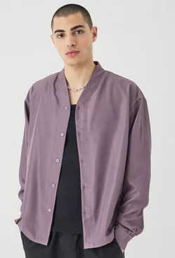Boxy Collarless Soft Twill Label Shirt Lilac