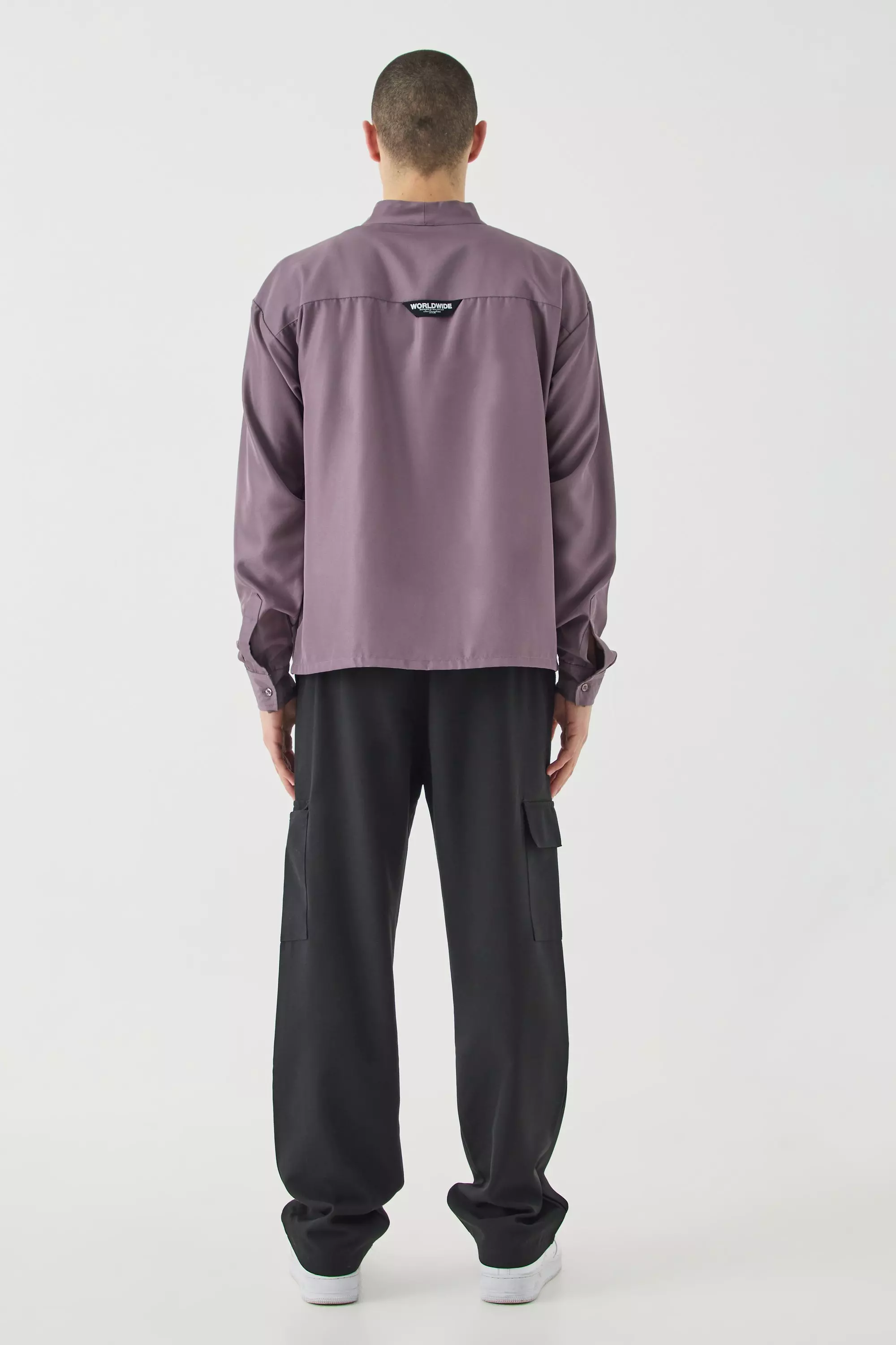 Lilac Zacht Kraagloos Boxy Keperstof Overhemd Met Label alternatieve afbeelding