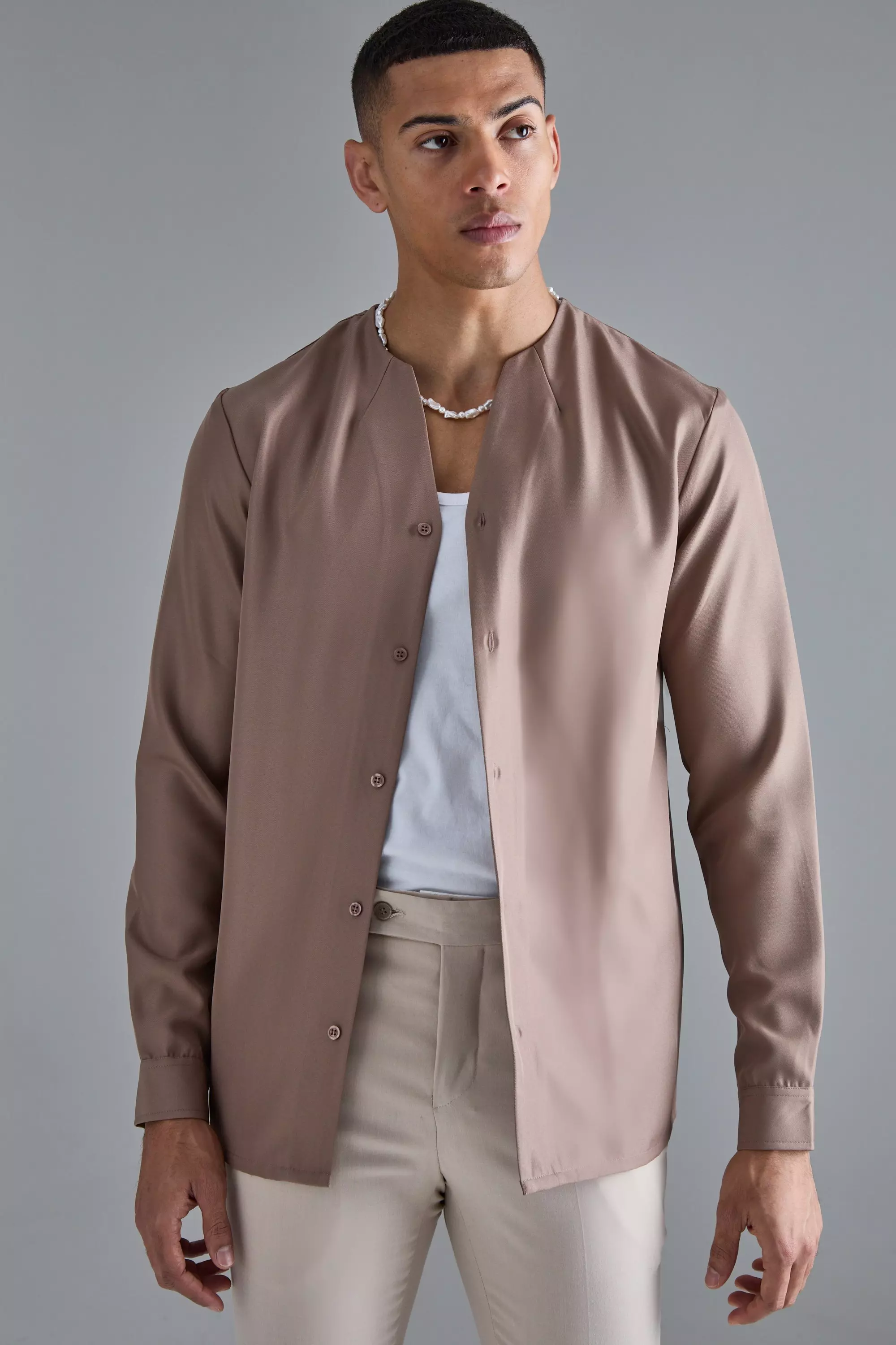 Taupe Long Sleeve Open Neck Soft Twill Shirt alternative image