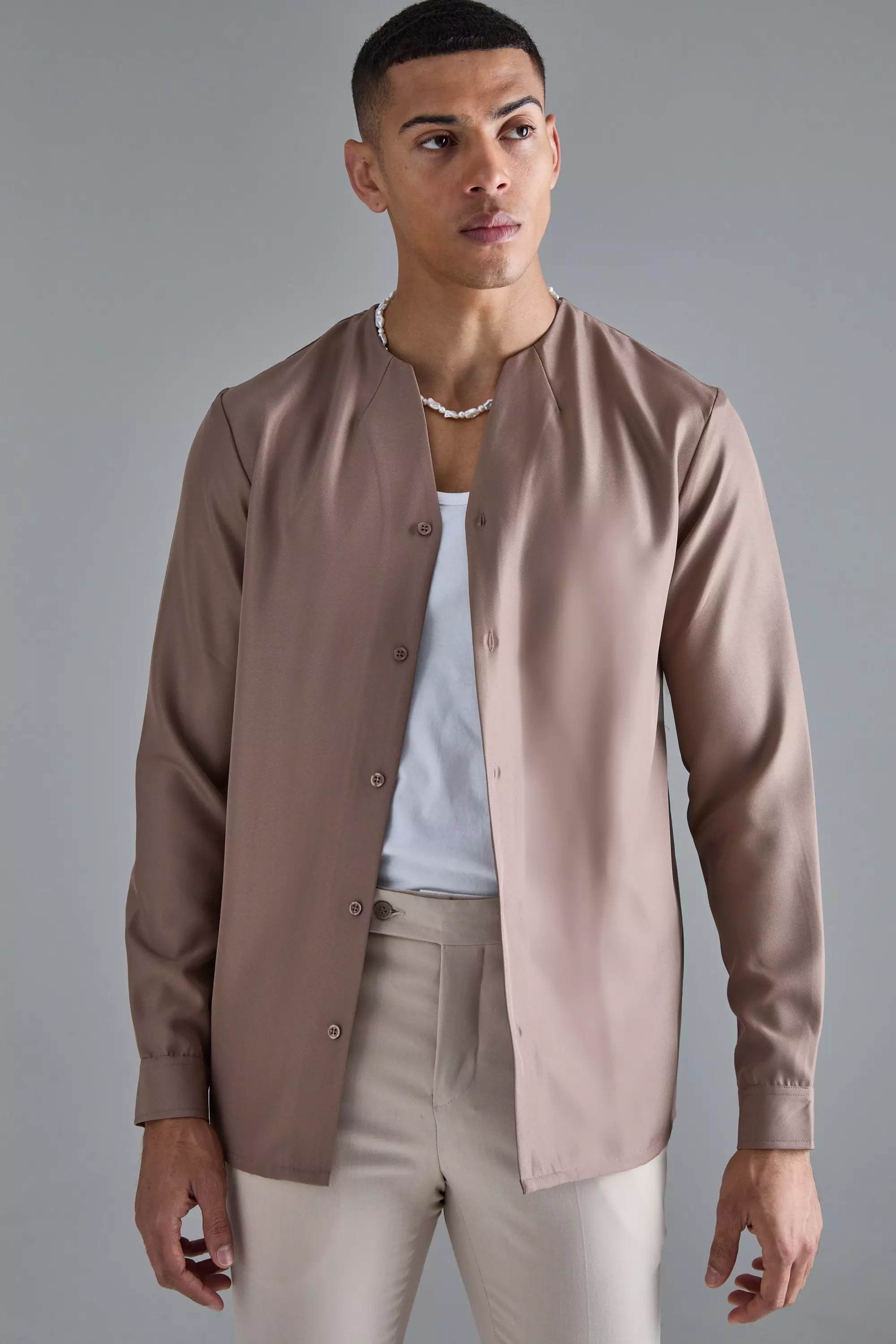 Taupe Beige Long Sleeve Open Neck Soft Twill Shirt