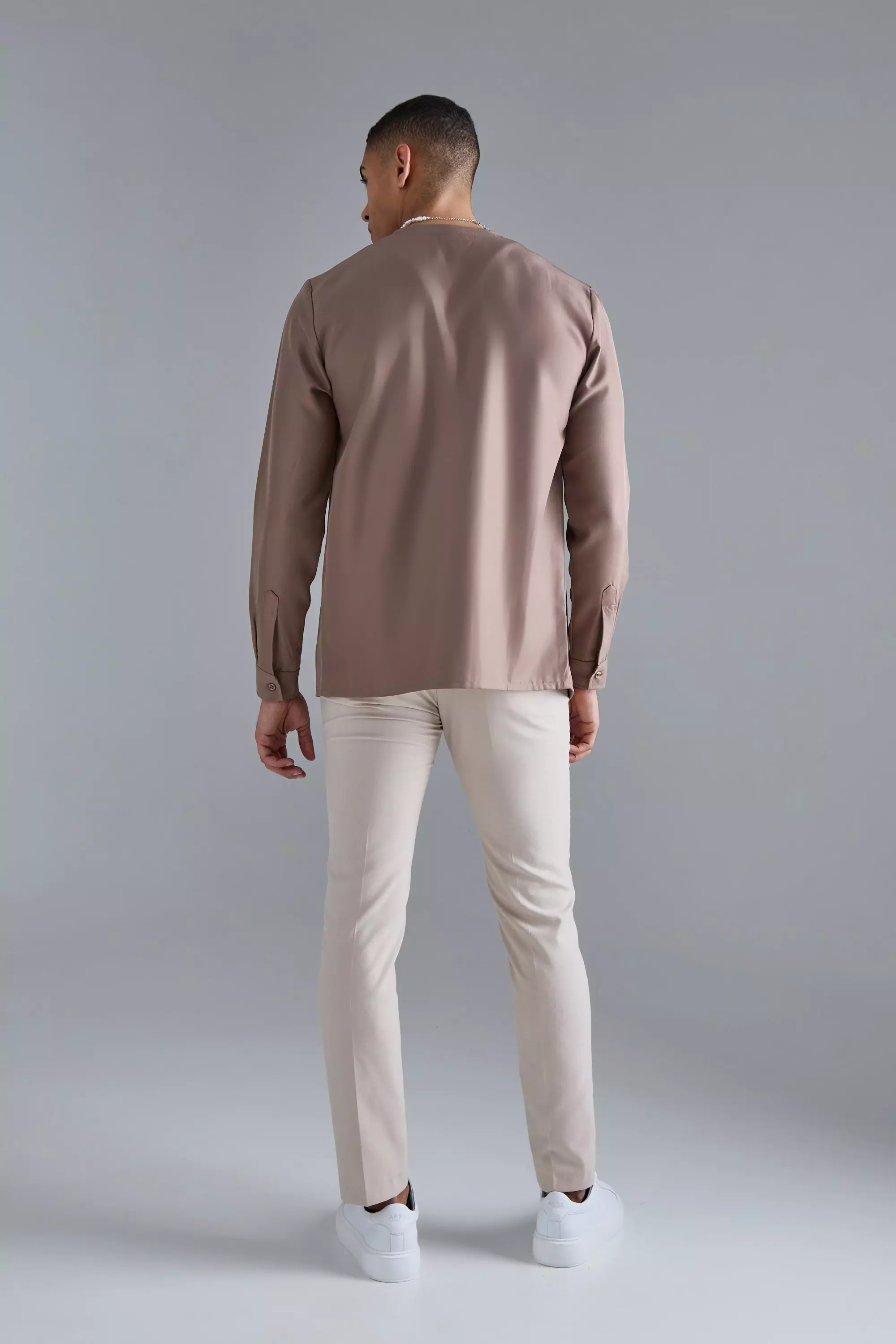 Taupe Long Sleeve Open Neck Soft Twill Shirt alternative image