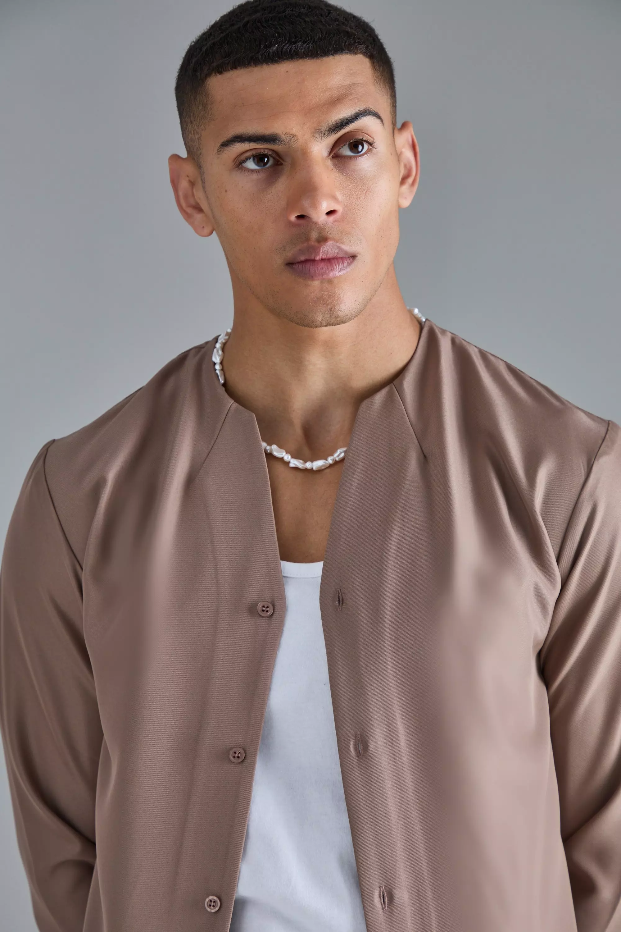Taupe Long Sleeve Open Neck Soft Twill Shirt alternative image