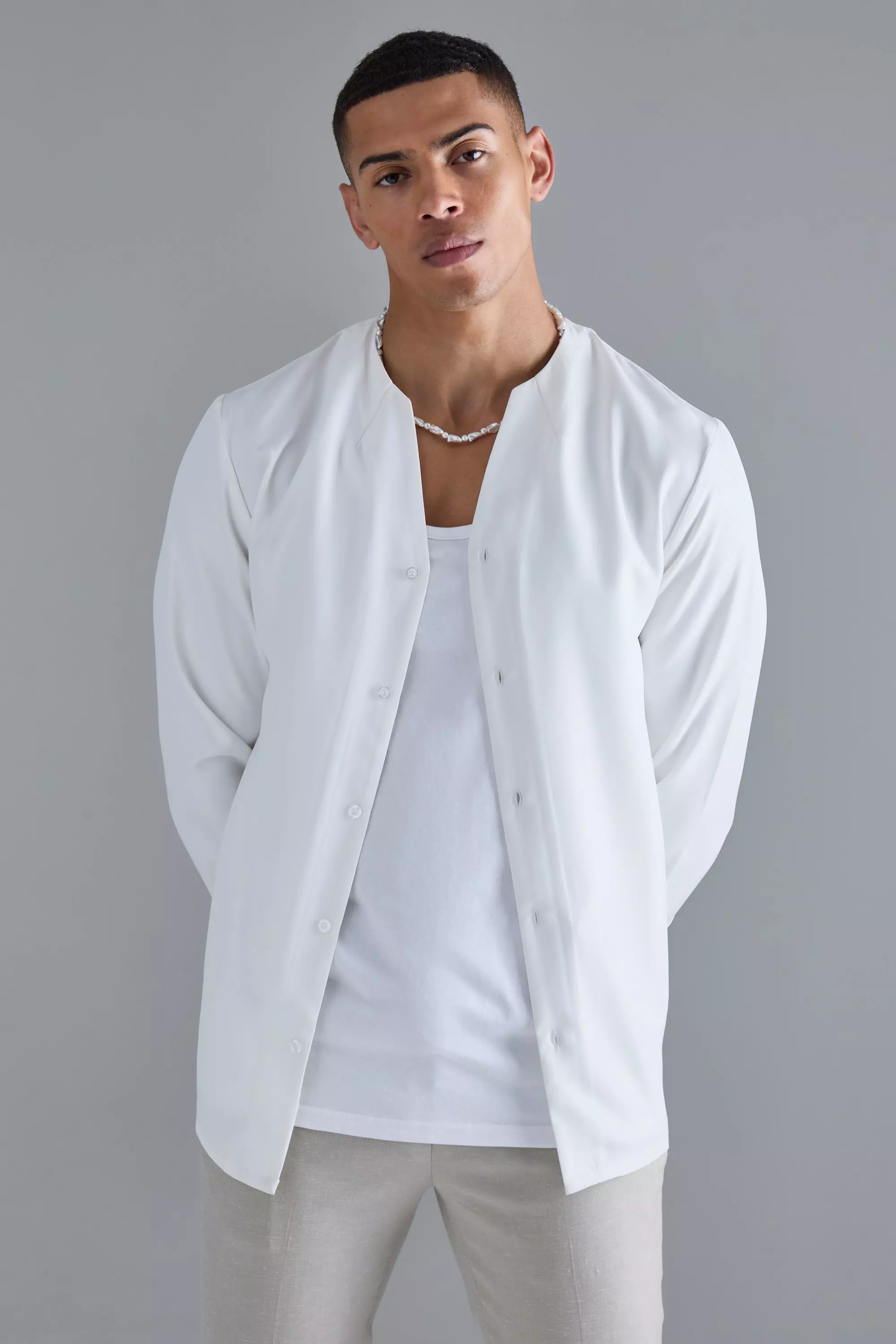 Long Sleeve Open Neck Soft Twill Shirt White