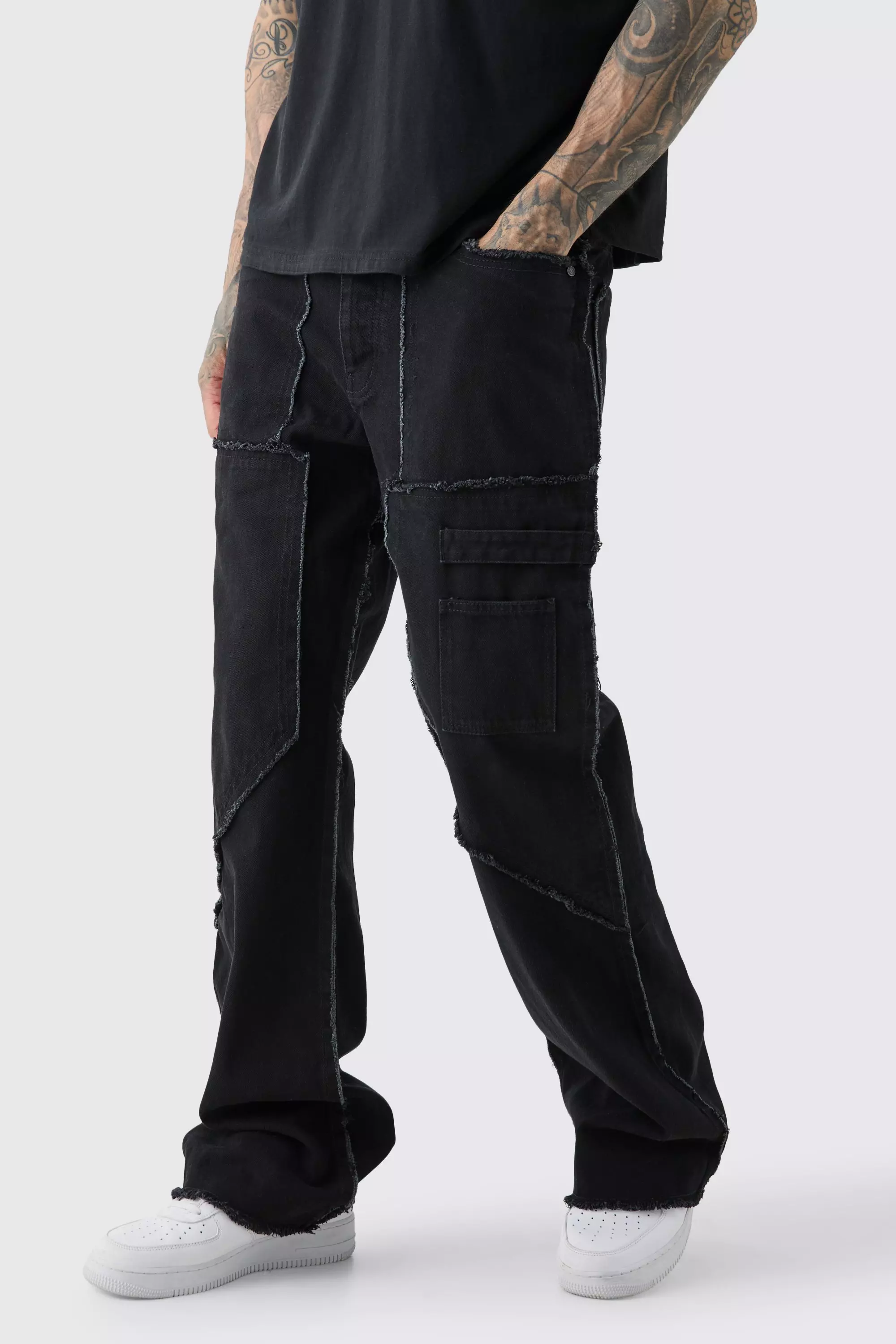 Tall Fixed Waist Washed Relaxed Raw Edge Twill Flare Trouser Black