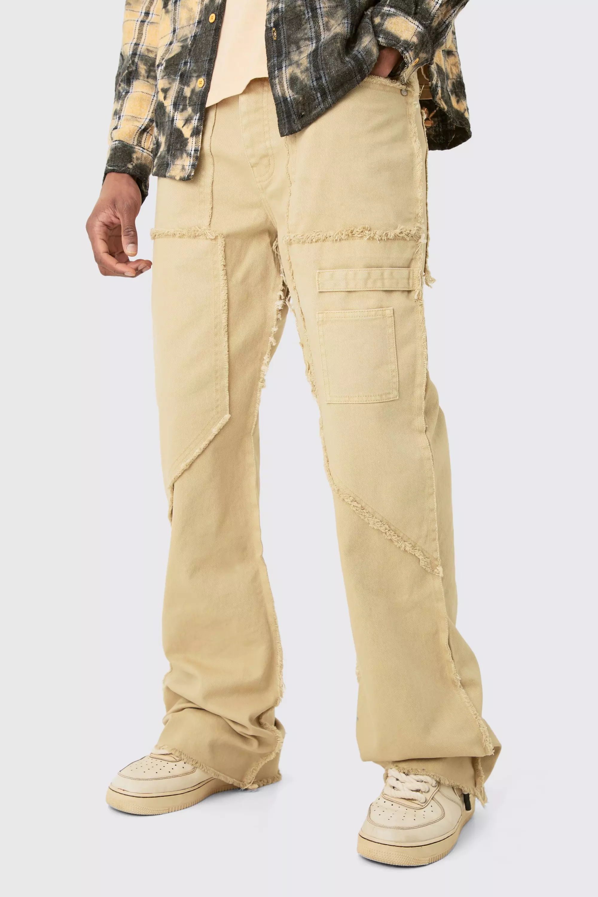 Tall Fixed Waist Washed Relaxed Raw Edge Twill Flare Trouser Taupe