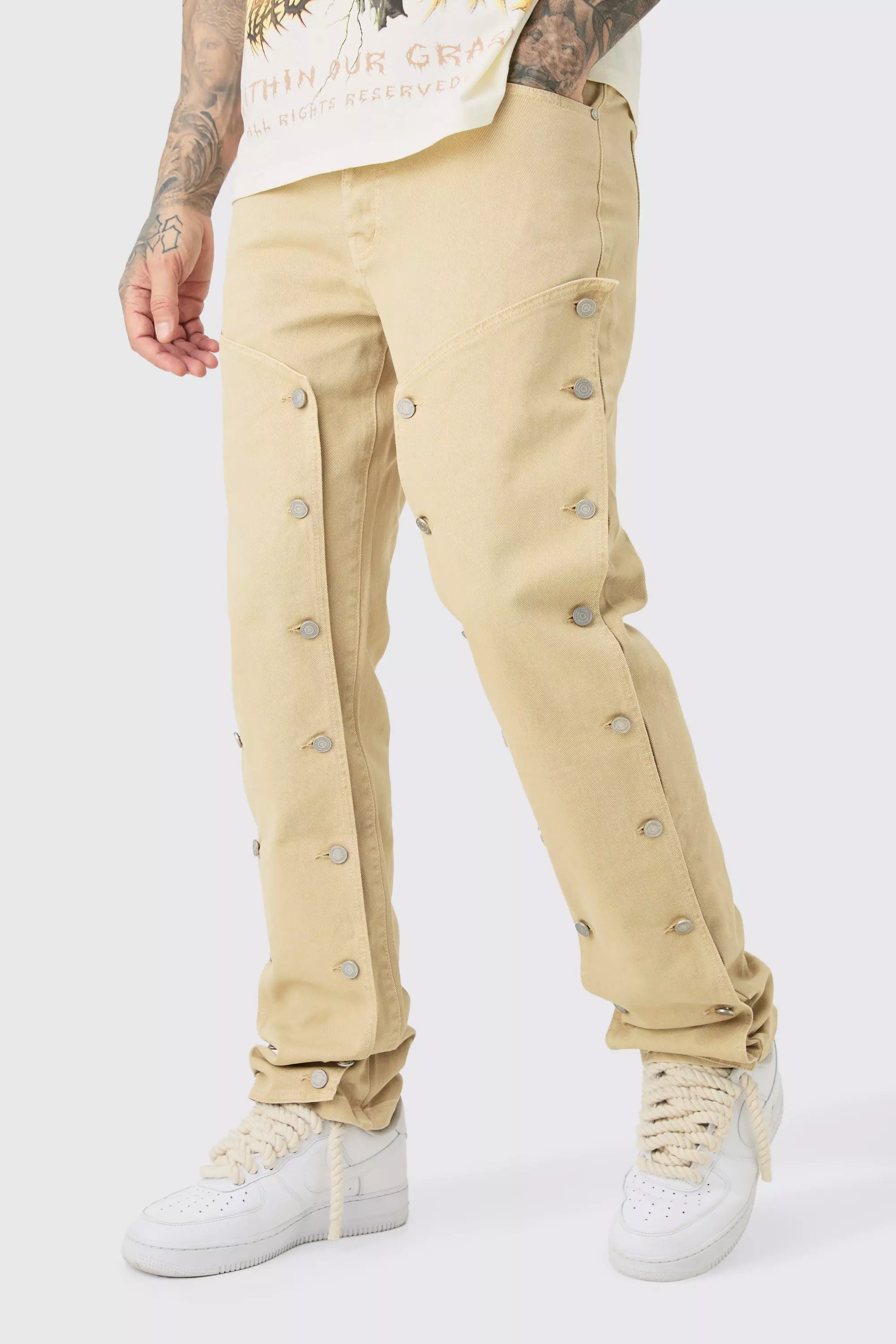 Taupe Beige Tall Fixed Waist Washed Twill Carpenter Straight Trouser