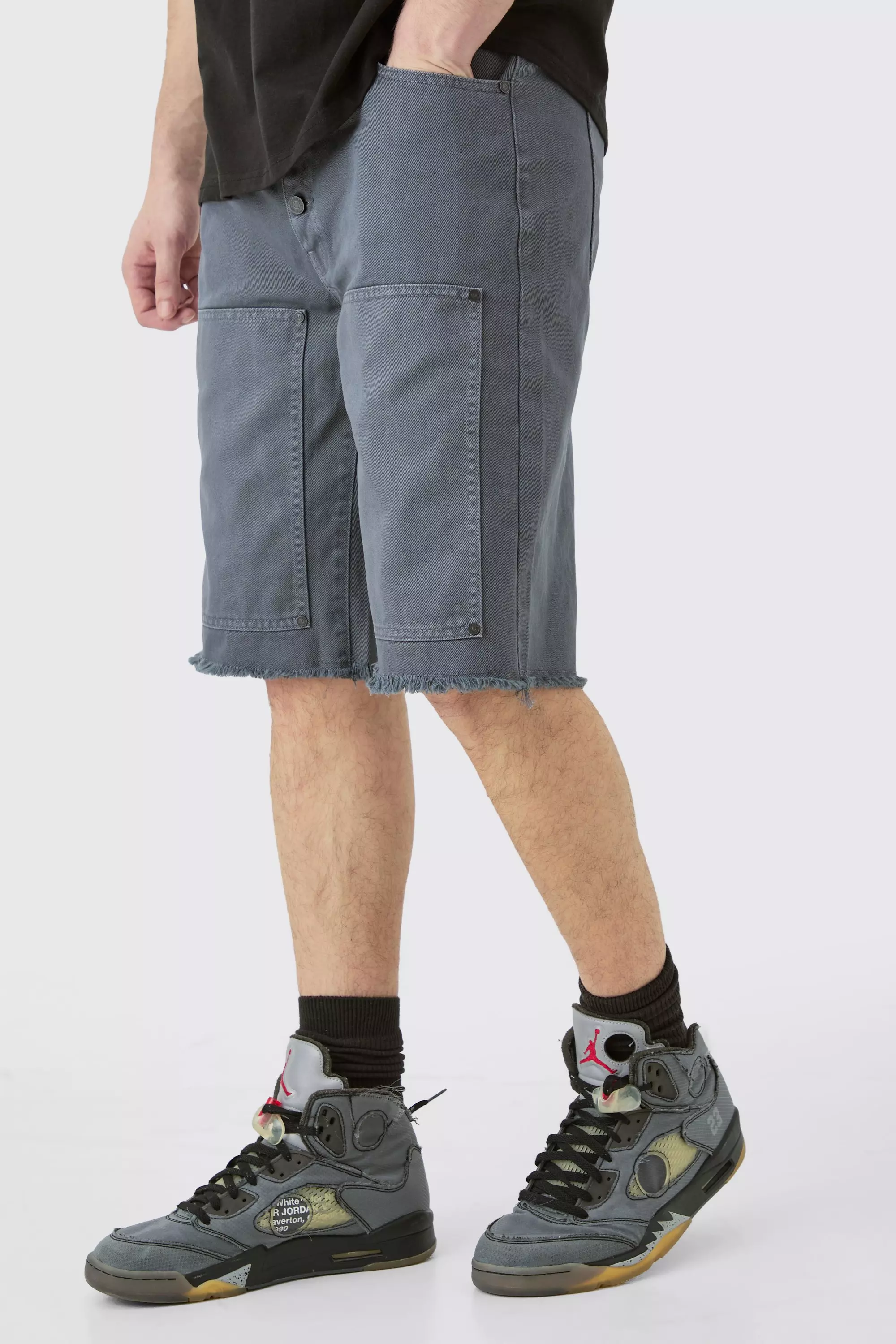 Tall Fixed Waist Washed Relaxed Twill Carpenter Short Charcoal