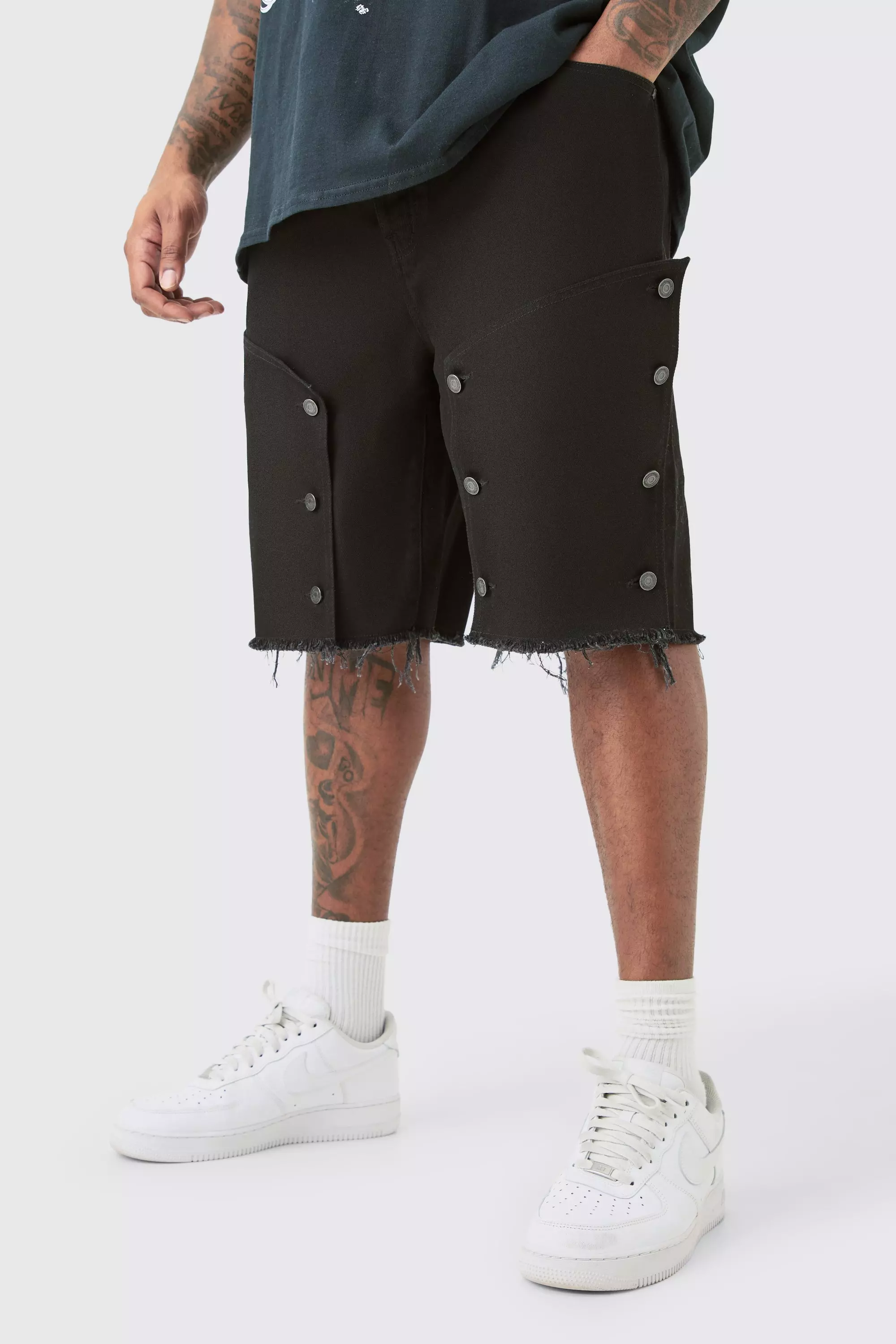 Plus Fixed Waist Washed Twill Carpenter Relaxed Short Black