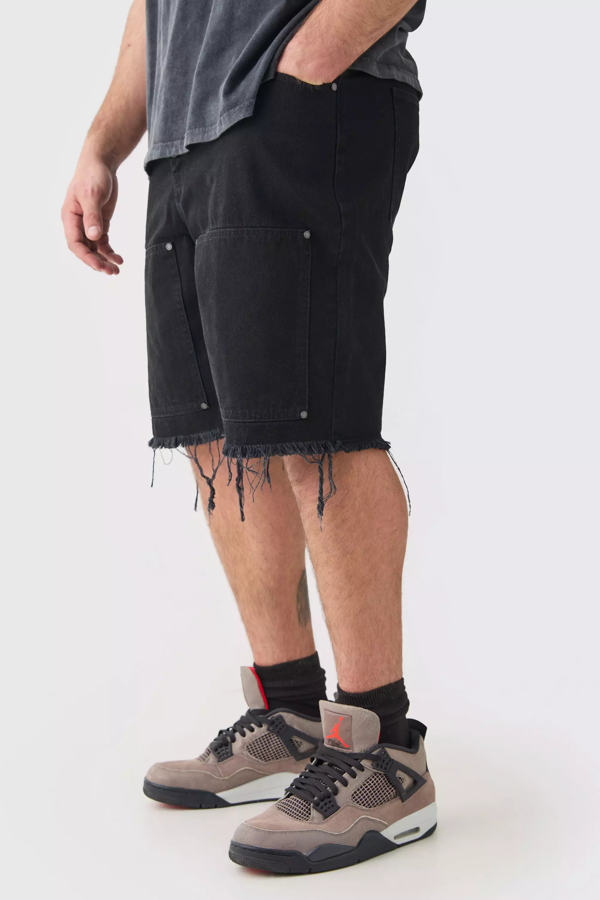 Plus Fixed Waist Washed Relaxed Twill Carpenter Short Black