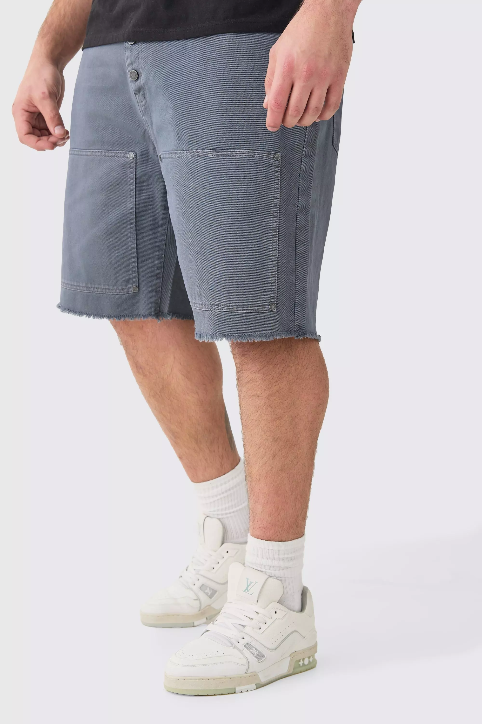 Plus Fixed Waist Washed Relaxed Twill Carpenter Short Charcoal