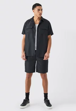 Black Short Sleeve Soft Twill Overshirt And Short Set