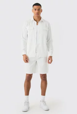 White Soft Twill Overshirt And Short Set