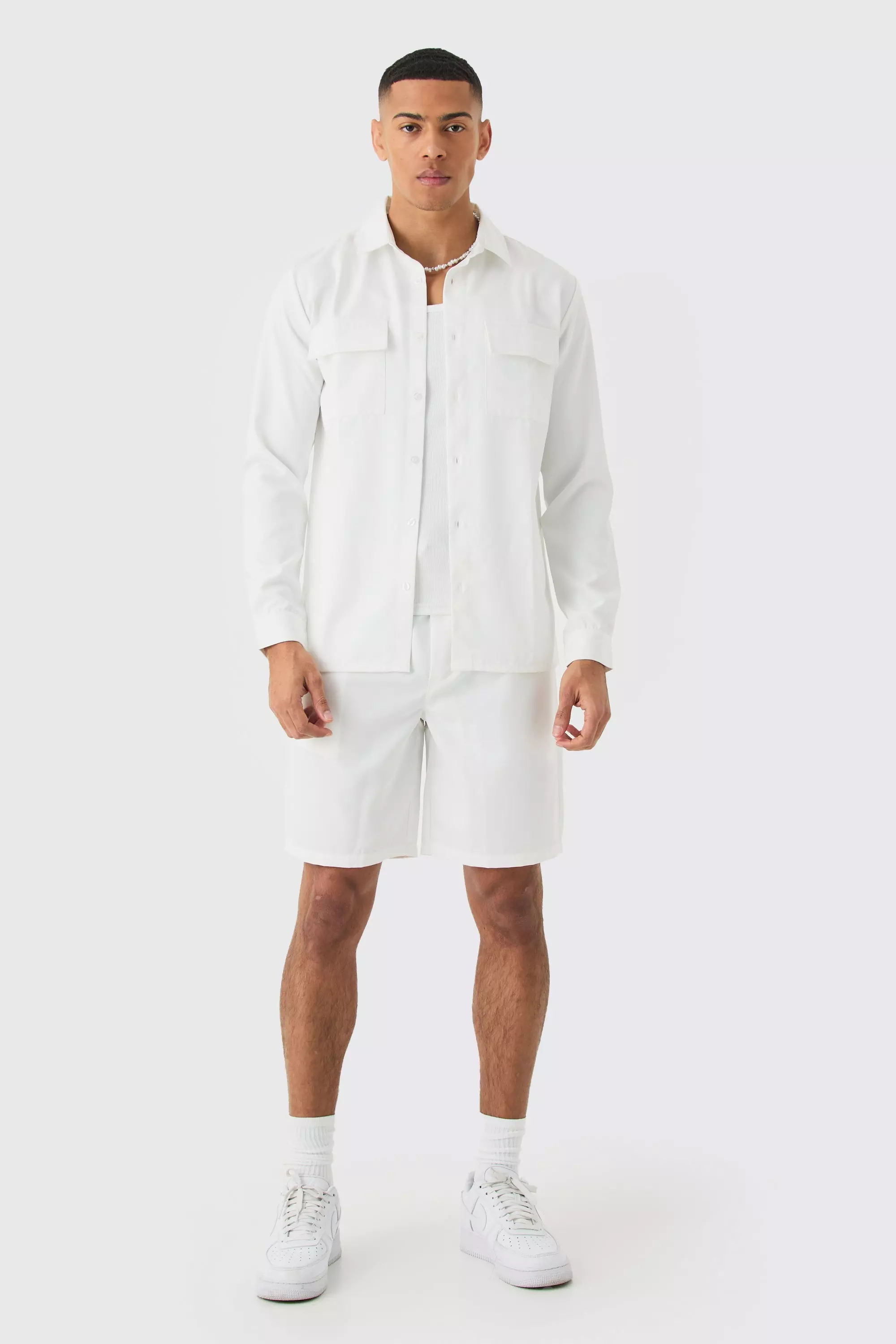 White Soft Twill Overshirt And Short Set