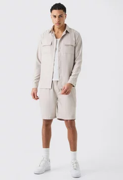 Grey Soft Twill Overshirt And Short Set