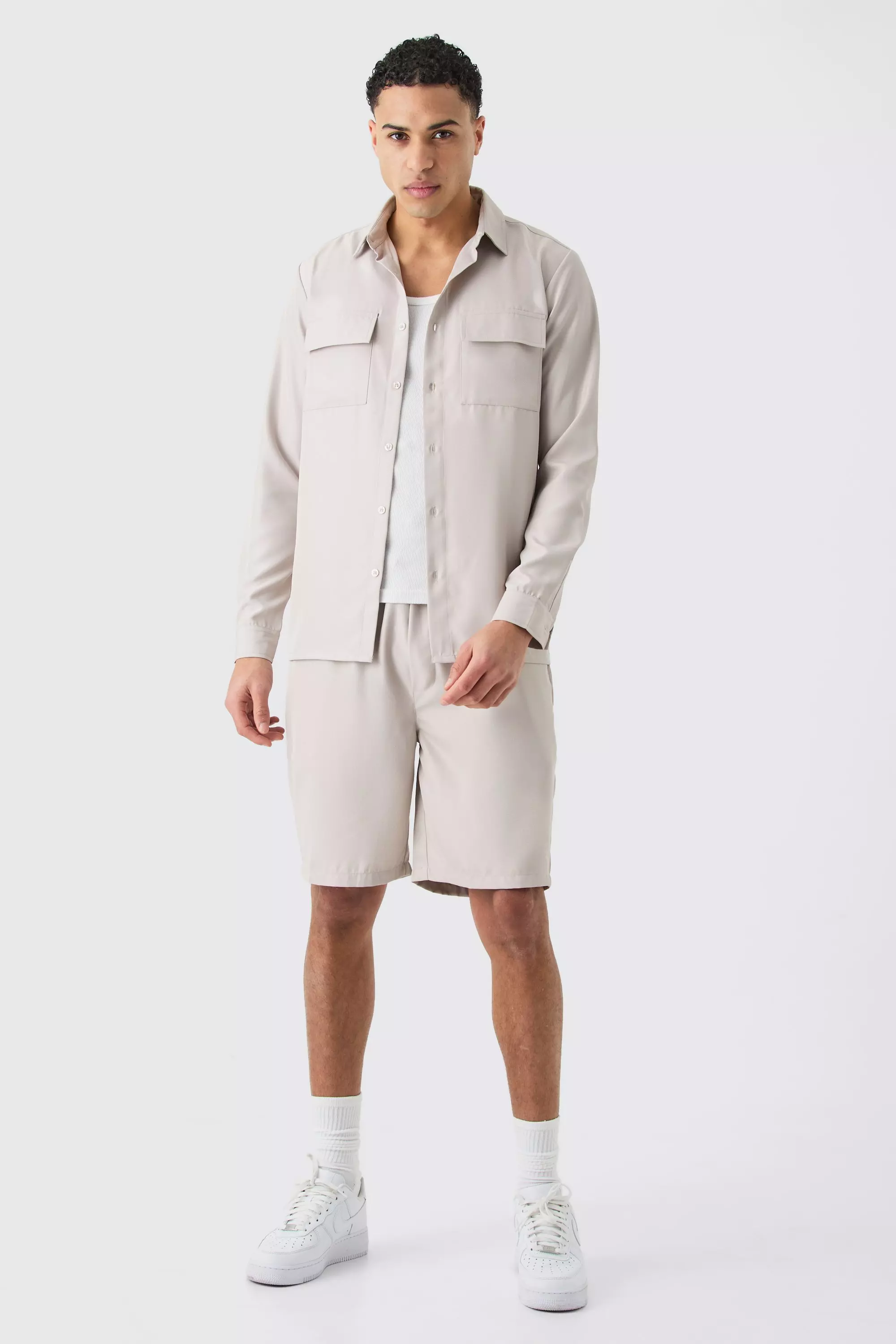 Grey Soft Twill Overshirt And Short Set