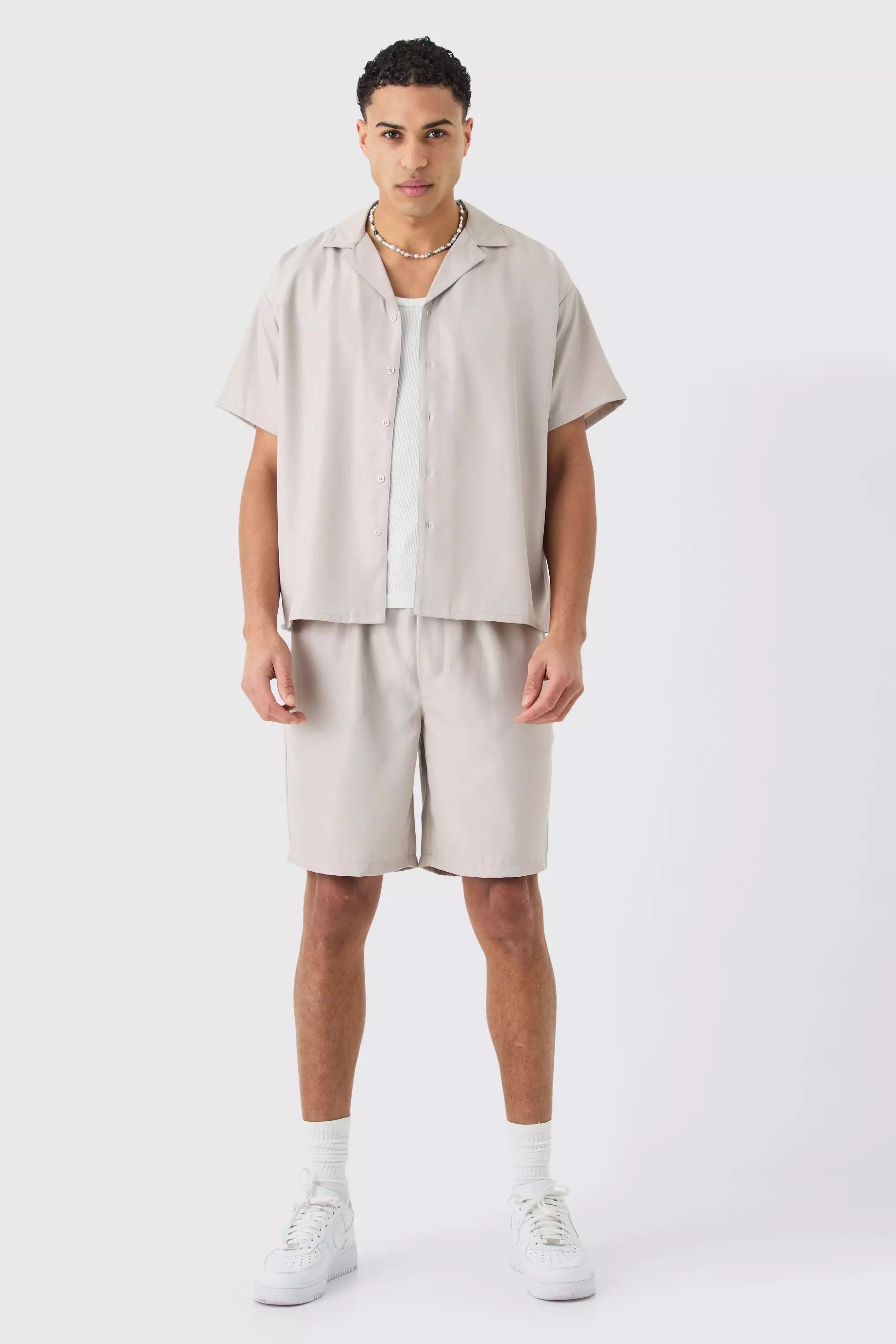 Short Sleeve Boxy Soft Twill Shirt And Short pale grey