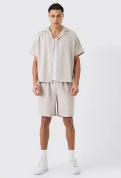 Grey Short Sleeve Boxy Soft Twill Shirt And Short