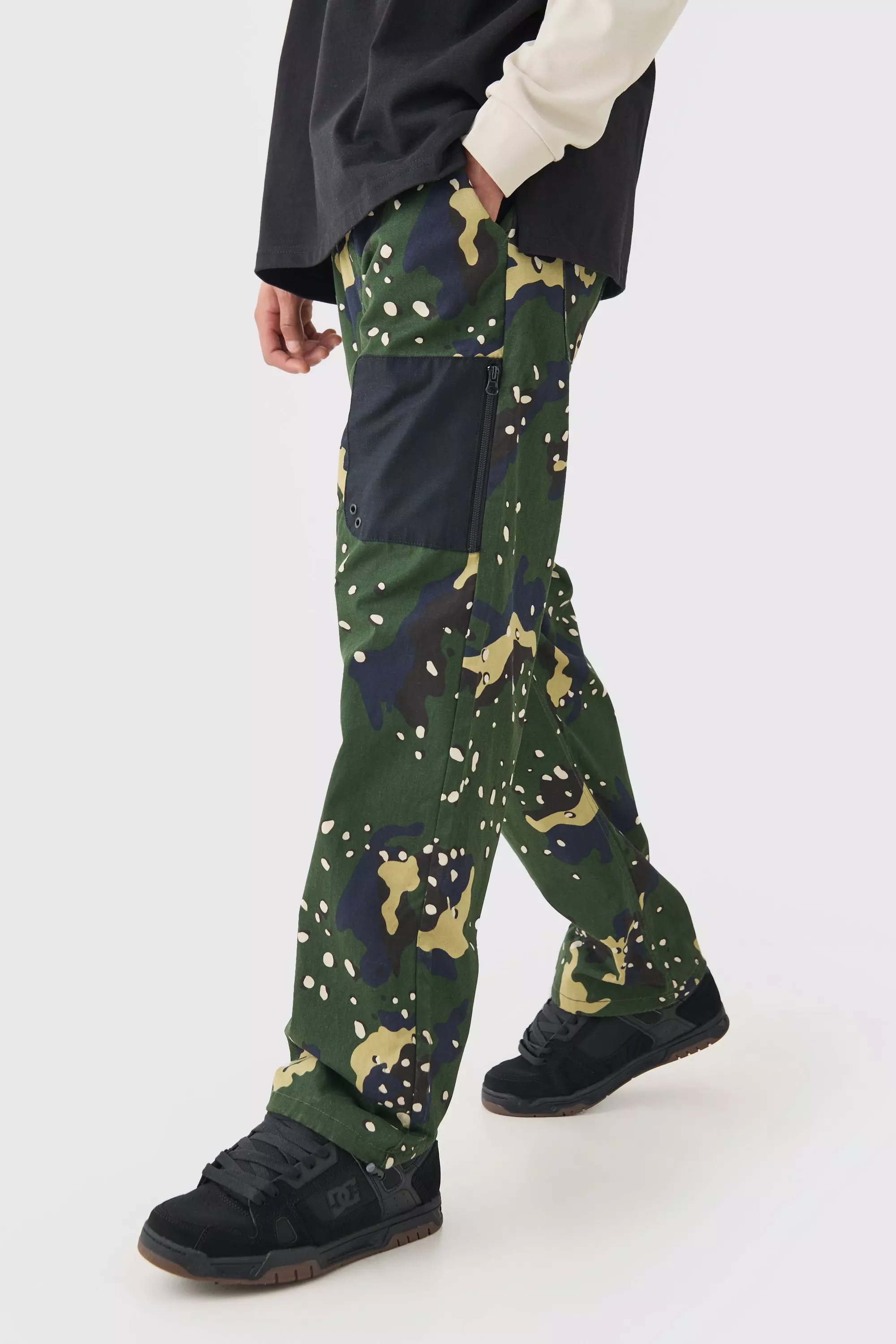 Khaki Elasticated Waist Relaxed Fit Belted Twill Camo Pants