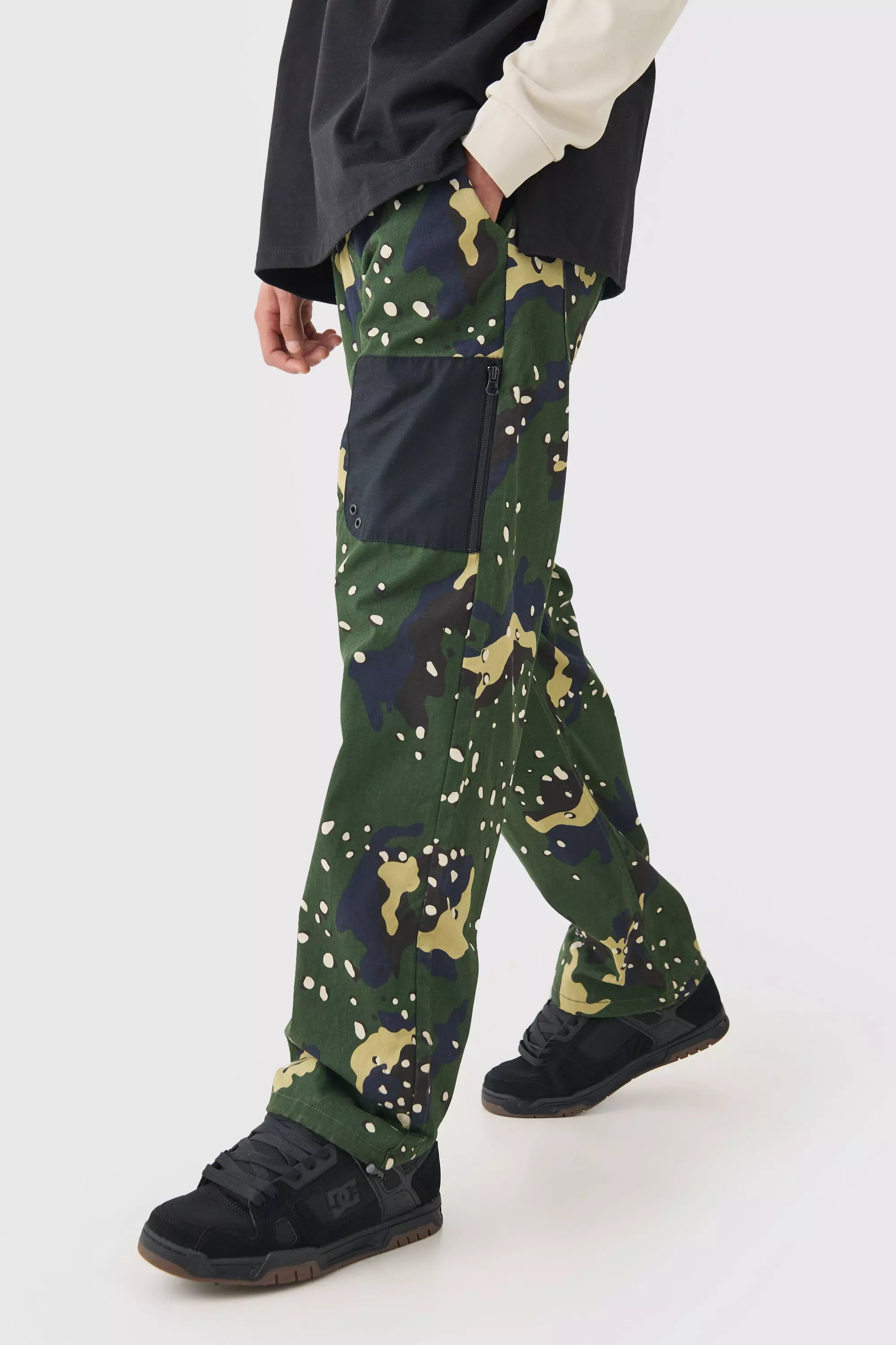 Elastic Waist Relaxed Fit Belted Peached Twill Camo Trouser Khaki