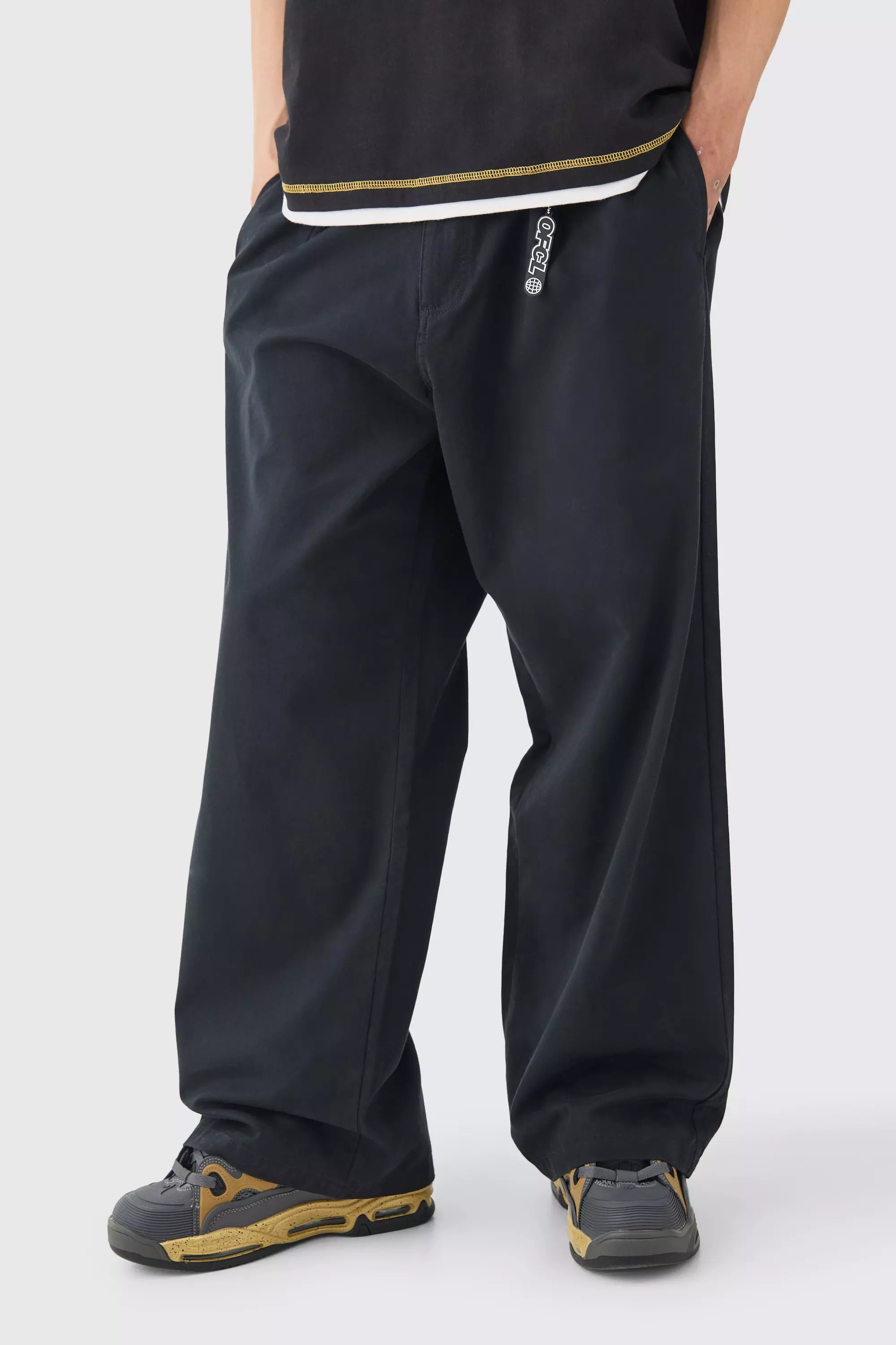 Black Fixed Waist Extreme Wide Fit Chino With Charm