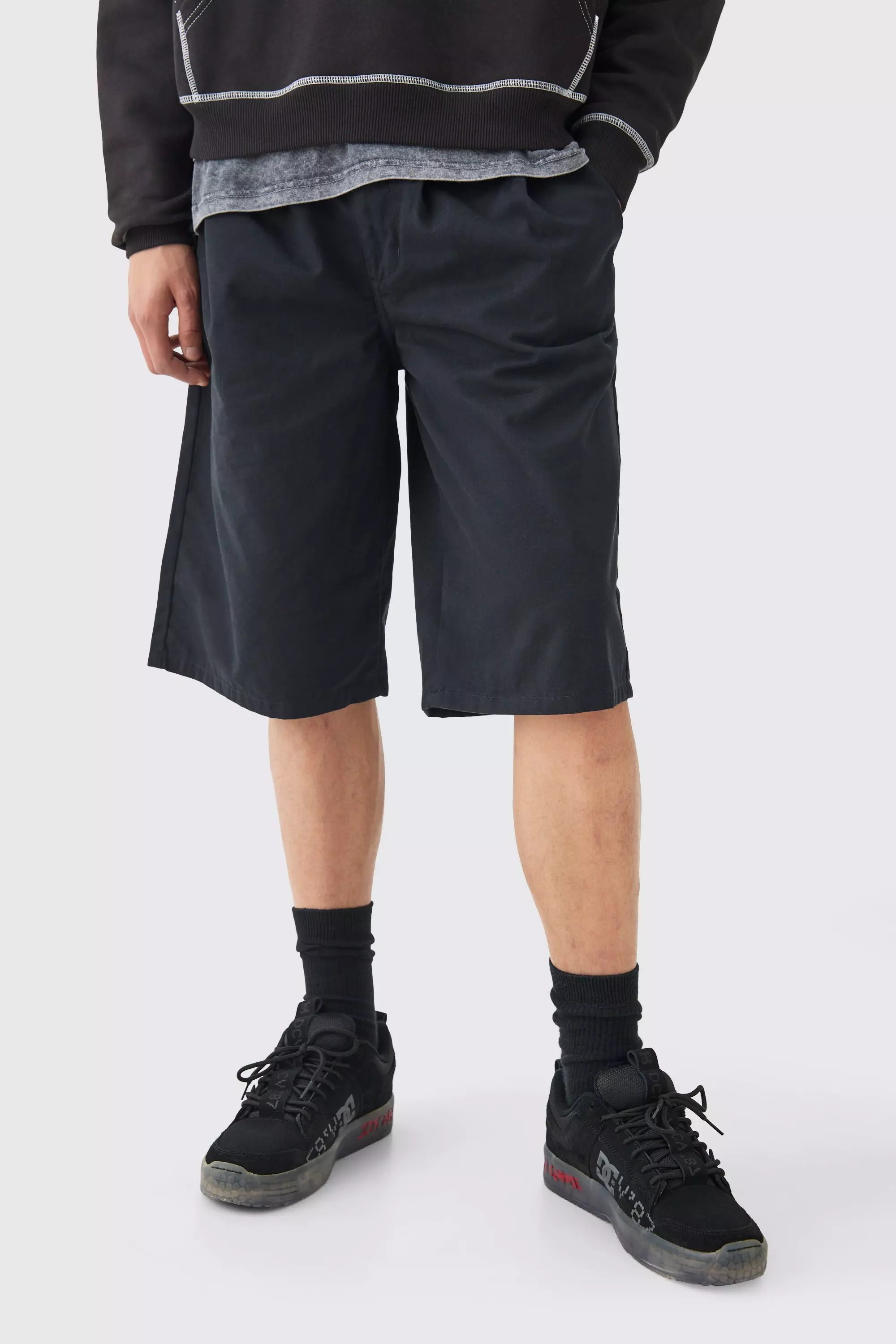 Black Comfort Waist Belted Twill Jorts