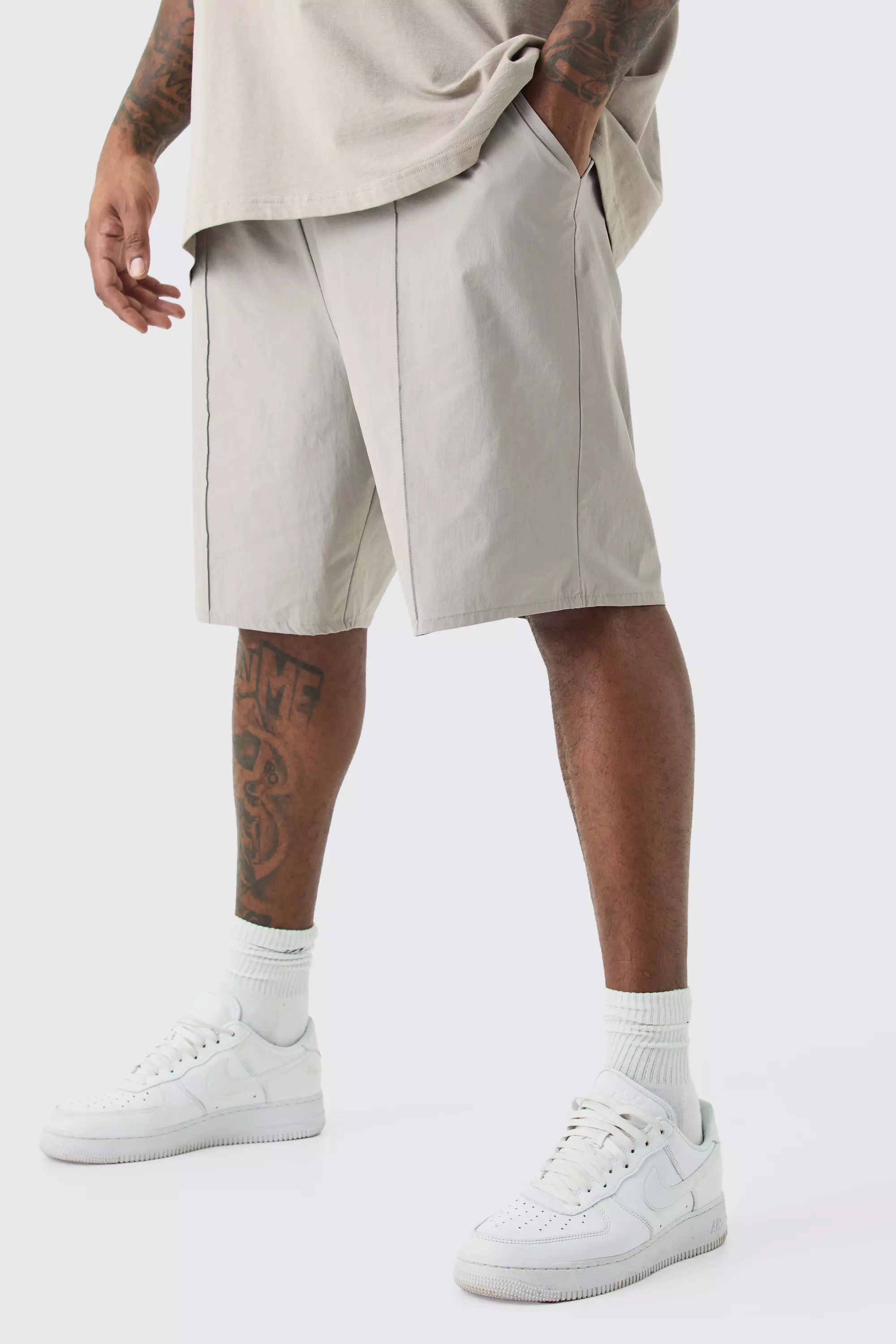 Plus Elasticated Waist Pintuck Seam Nylon Short Grey