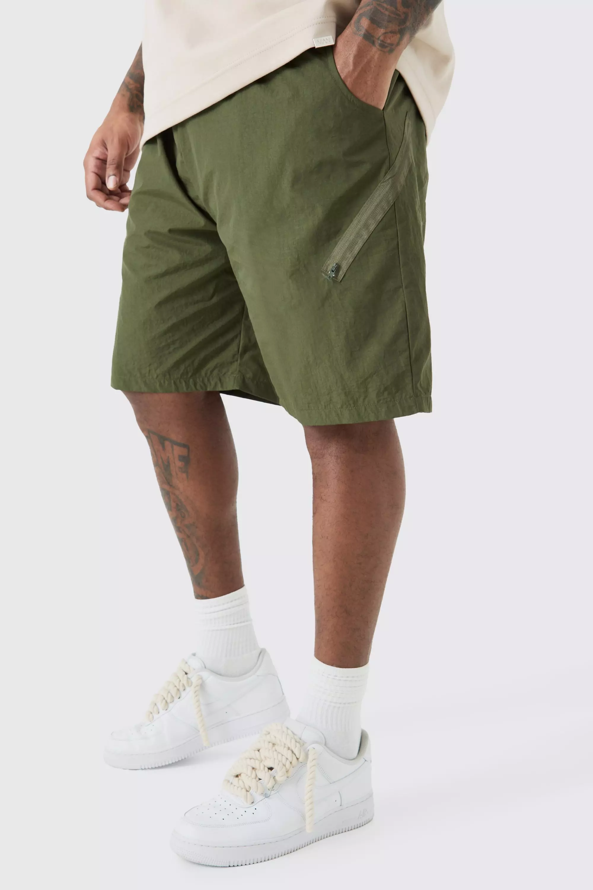 Plus Elasticated Waist Asymmetric Zip Short Khaki