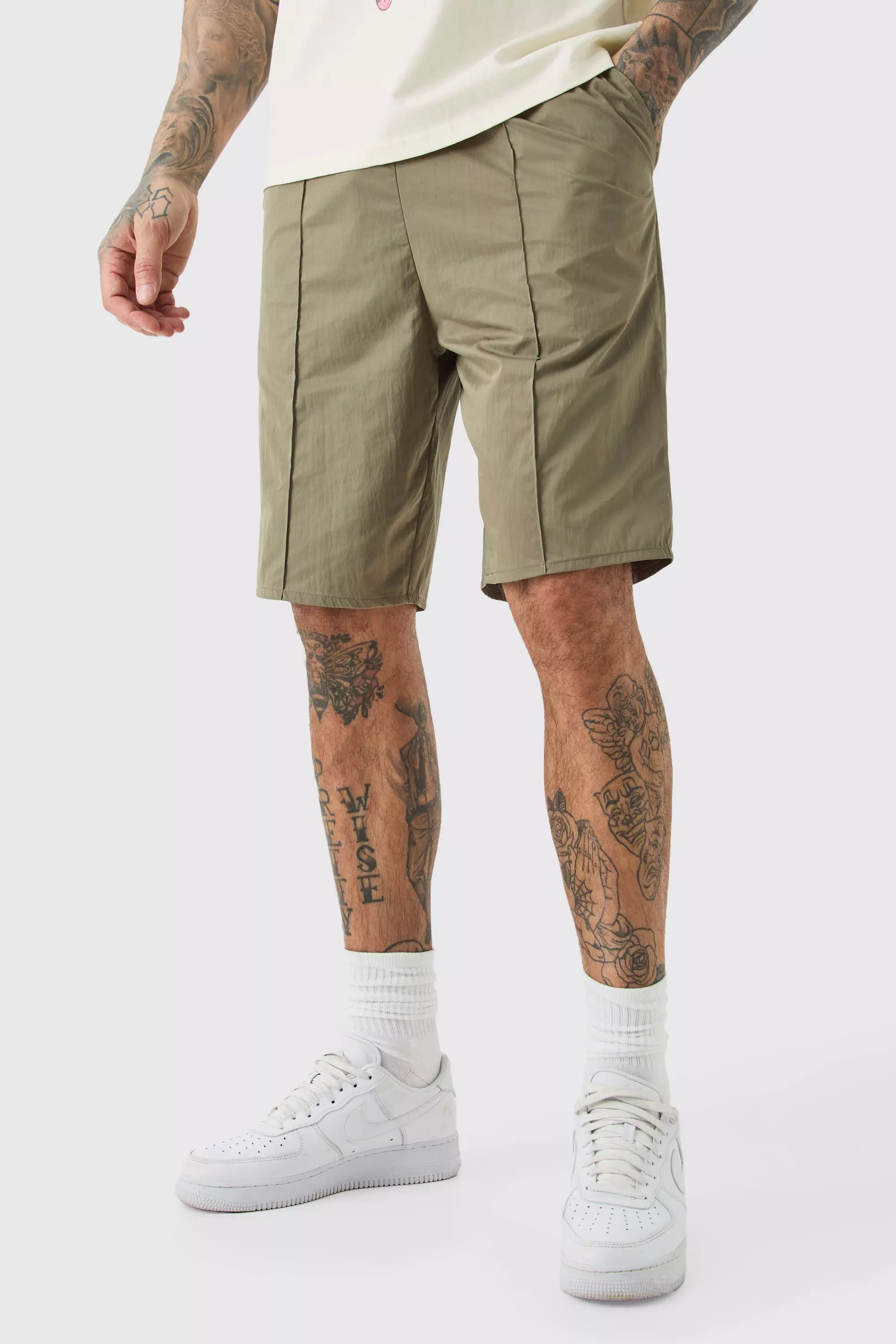 Tall Elasticated Waist Pintuck Seam Nylon Short Khaki