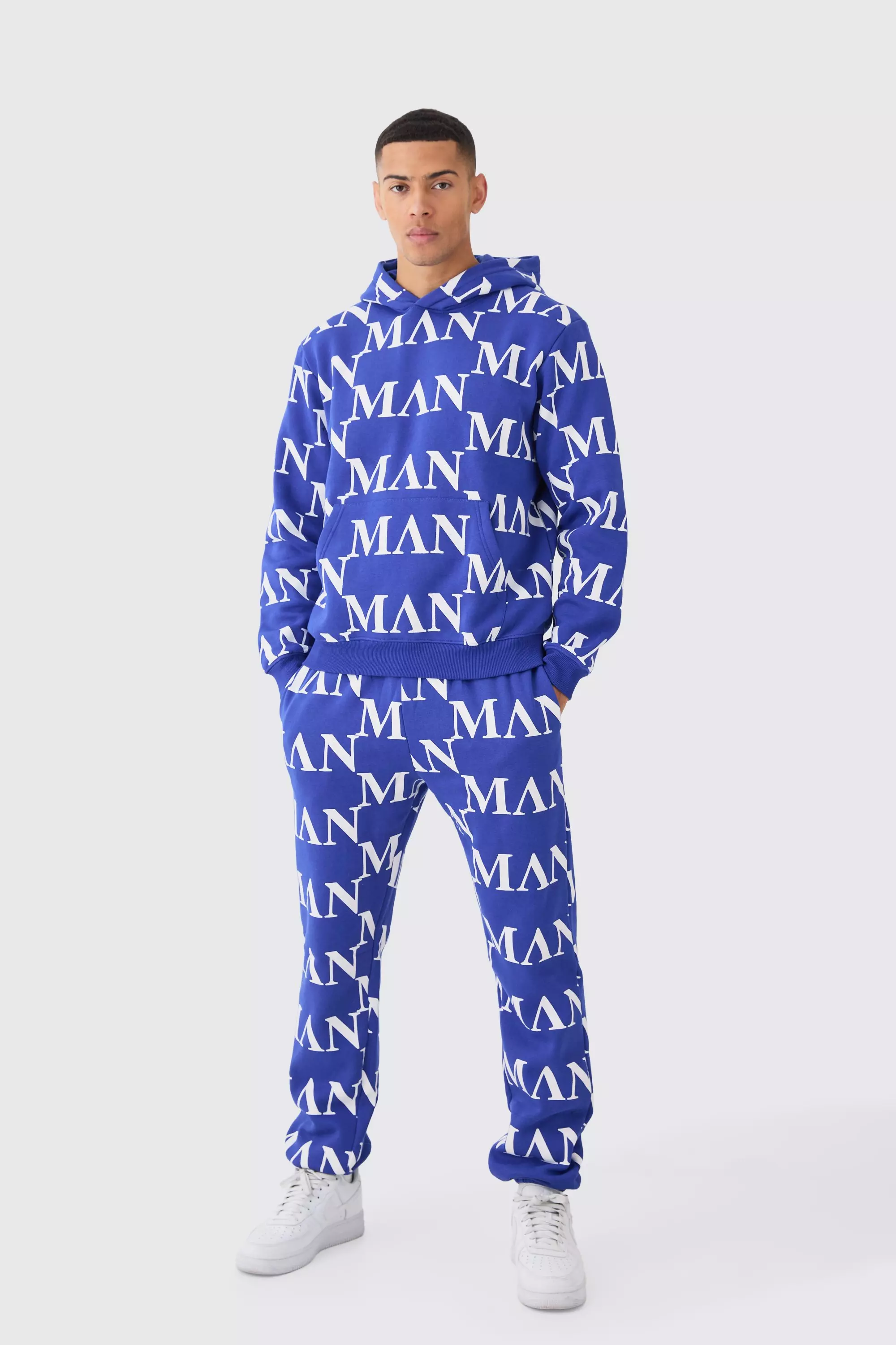 BoohooMAN Man Roman All Over Print Hooded Tracksuit Blue Size S