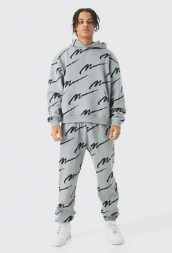 Charcoal Grey Man Signature All Over Print Boxy Hooded Tracksuit