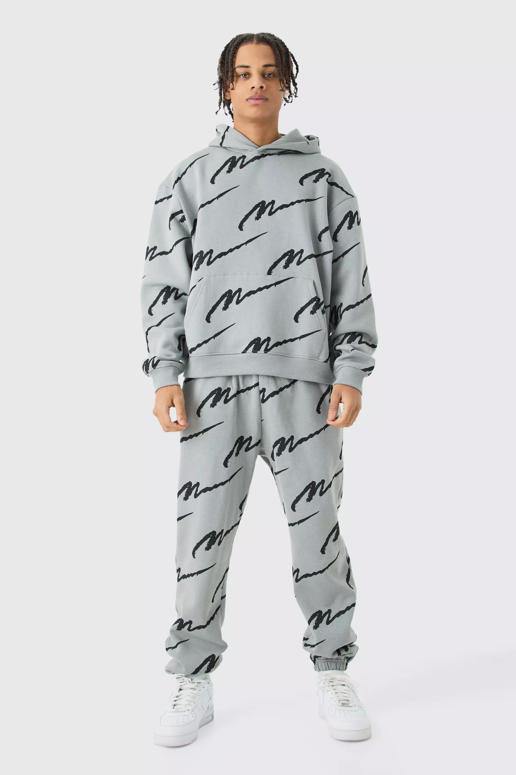 Man Signature All Over Print Boxy Hooded Tracksuit Charcoal