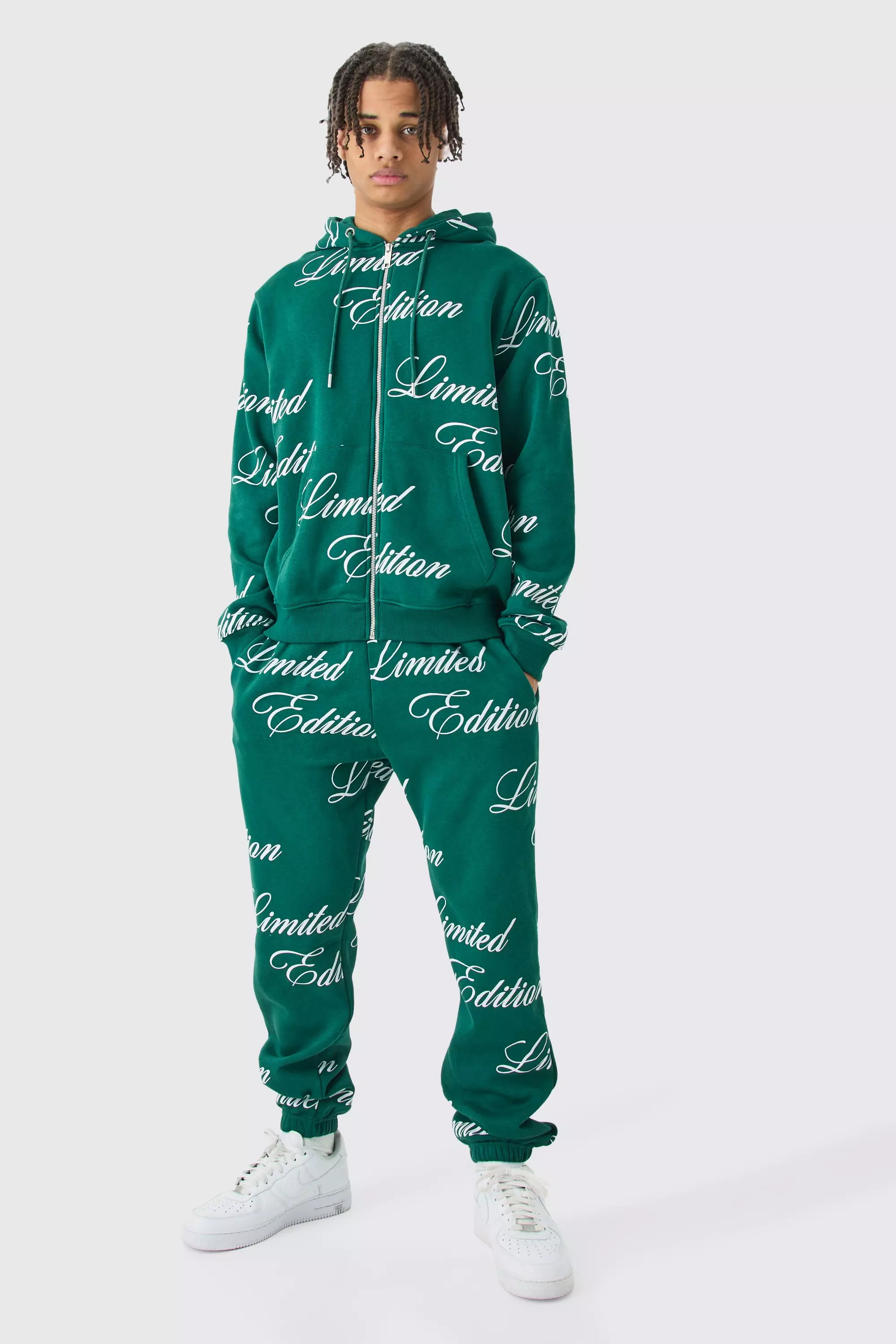 Limited Edition Script All Over Print Zip Hooded Tracksuit boohooMAN