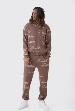 Limited Edition Script All Over Print Zip Hooded Tracksuit Chocolate